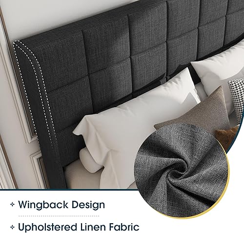 Miniatura 4 de WEEWAY Base de cama tapizada con respaldo de ala, tamaño Queen, cabecera capitonada, listones de madera, no necesita somier, fácil montaje, gris