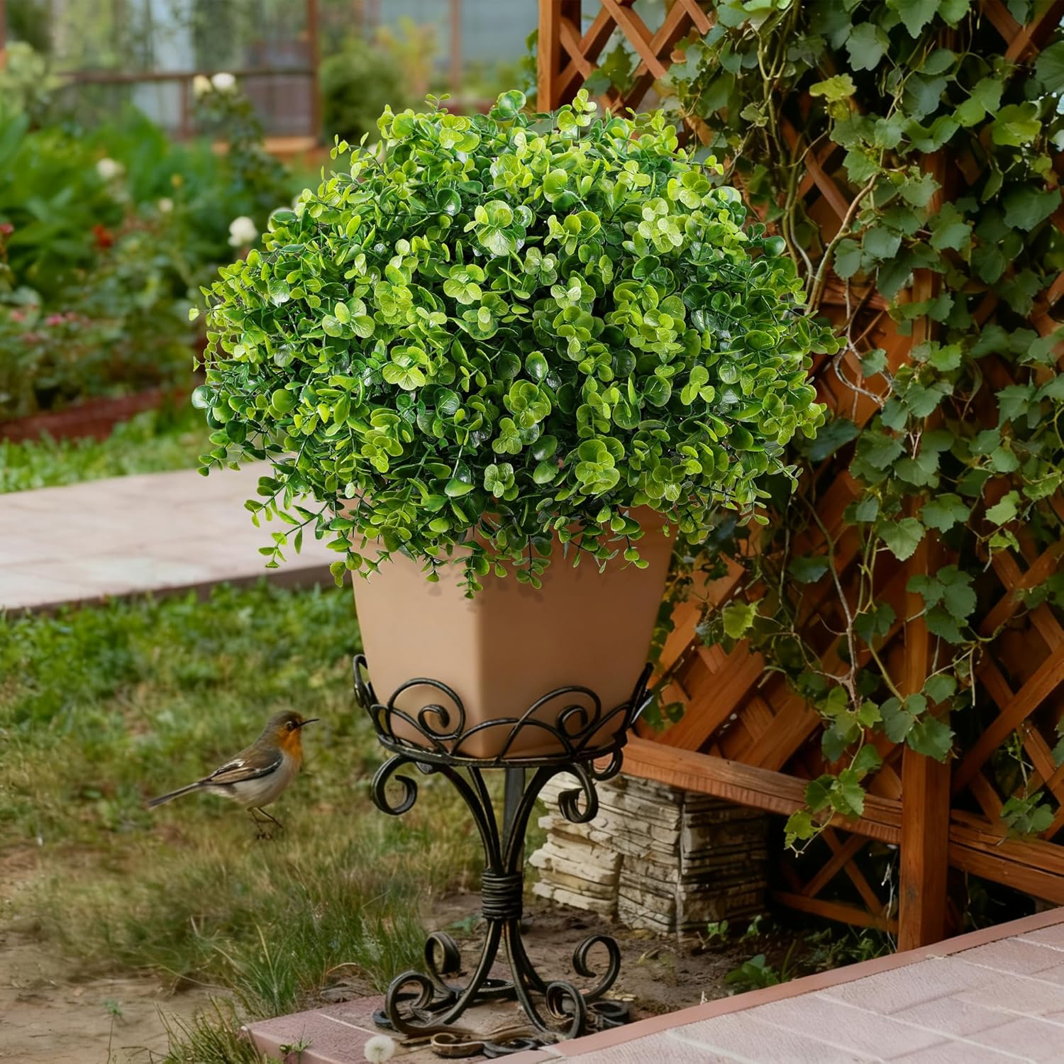 Artificial Faux Outdoor Plants for Spring Summer Decoration, 12 Bundles Fake Plastic Eucalyptus UV Resistant Look Real Fake Plants for Planter Outside Front Door Porch Patio Balcony Garden Indoor Yard - Image 4