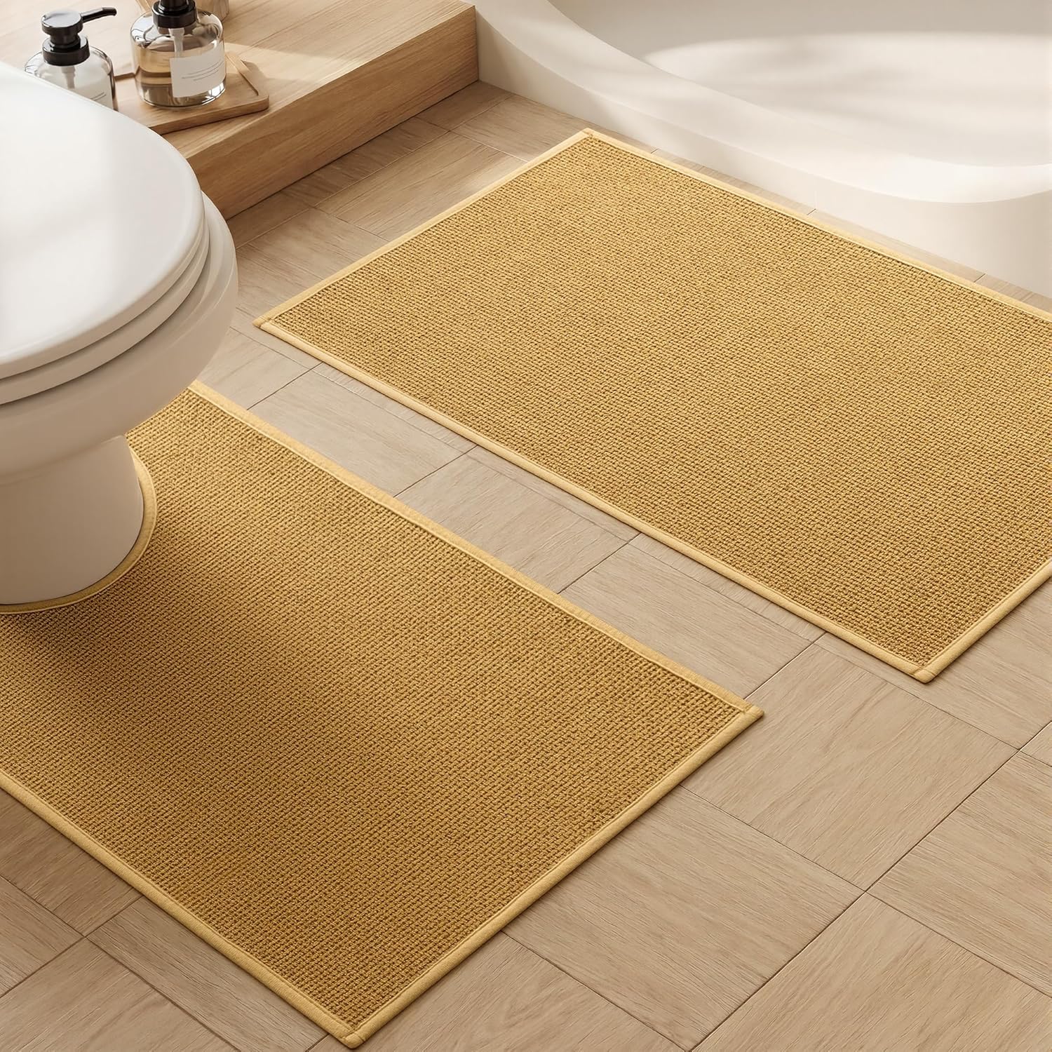 YIHOUSE Bathroom Rugs Mats Sets 2 Pieces, Ultra Thin Bath Mat Absorbent Non Slip Bath Rugs for Bathroom Washable, Shower, Sink, Laundry (Yellow, 2 Pieces)