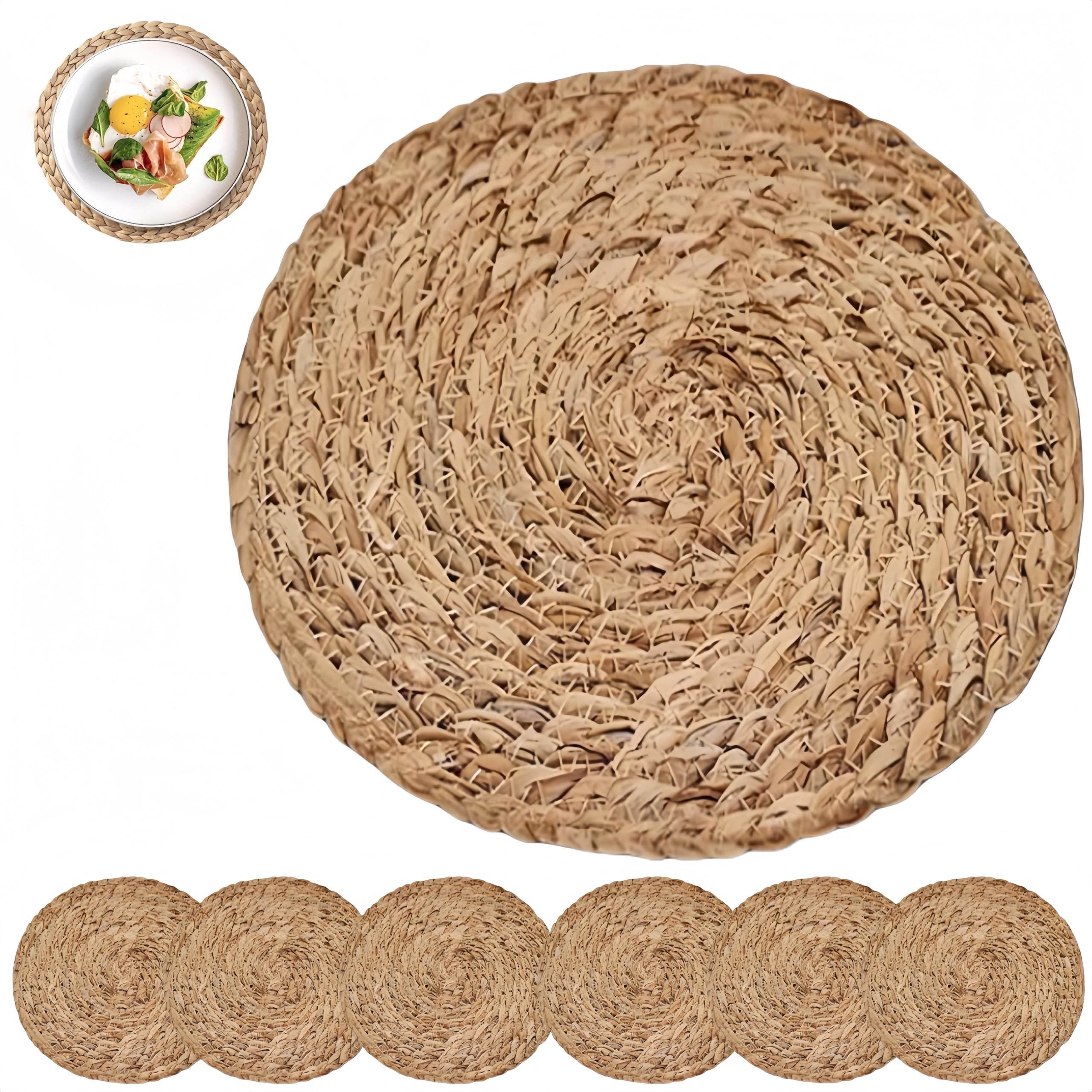 Set di 6 tovagliette rotonde in giacinto d'acqua, rotonde, in marina, intrecciate in giacinto d'acqua, set di tovagliette