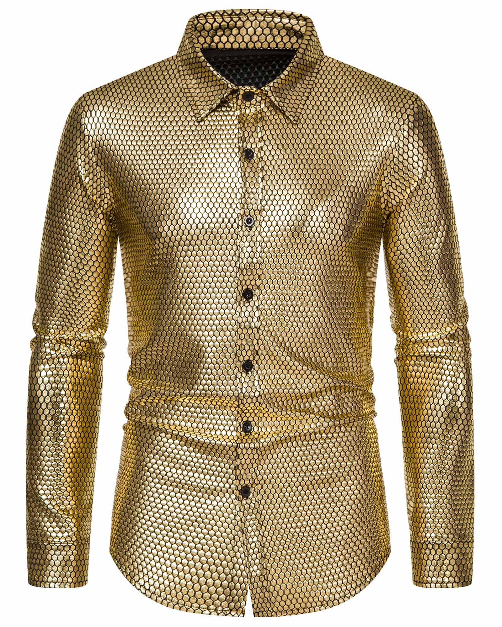 MakingDaMen's Dress Shirt Rhombus Bronzing Print Long Sleeve Button Down Shirts 70s Disco Party Costume