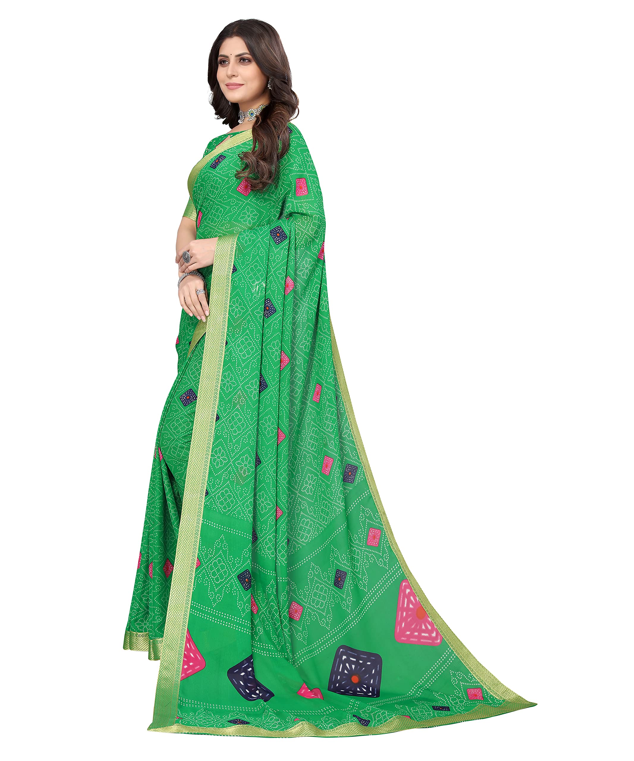 Sari de Georgette Estampado Yashika con Borde de Encaje Talla Libre VERDE ROHINI - Imagen 10 de 10