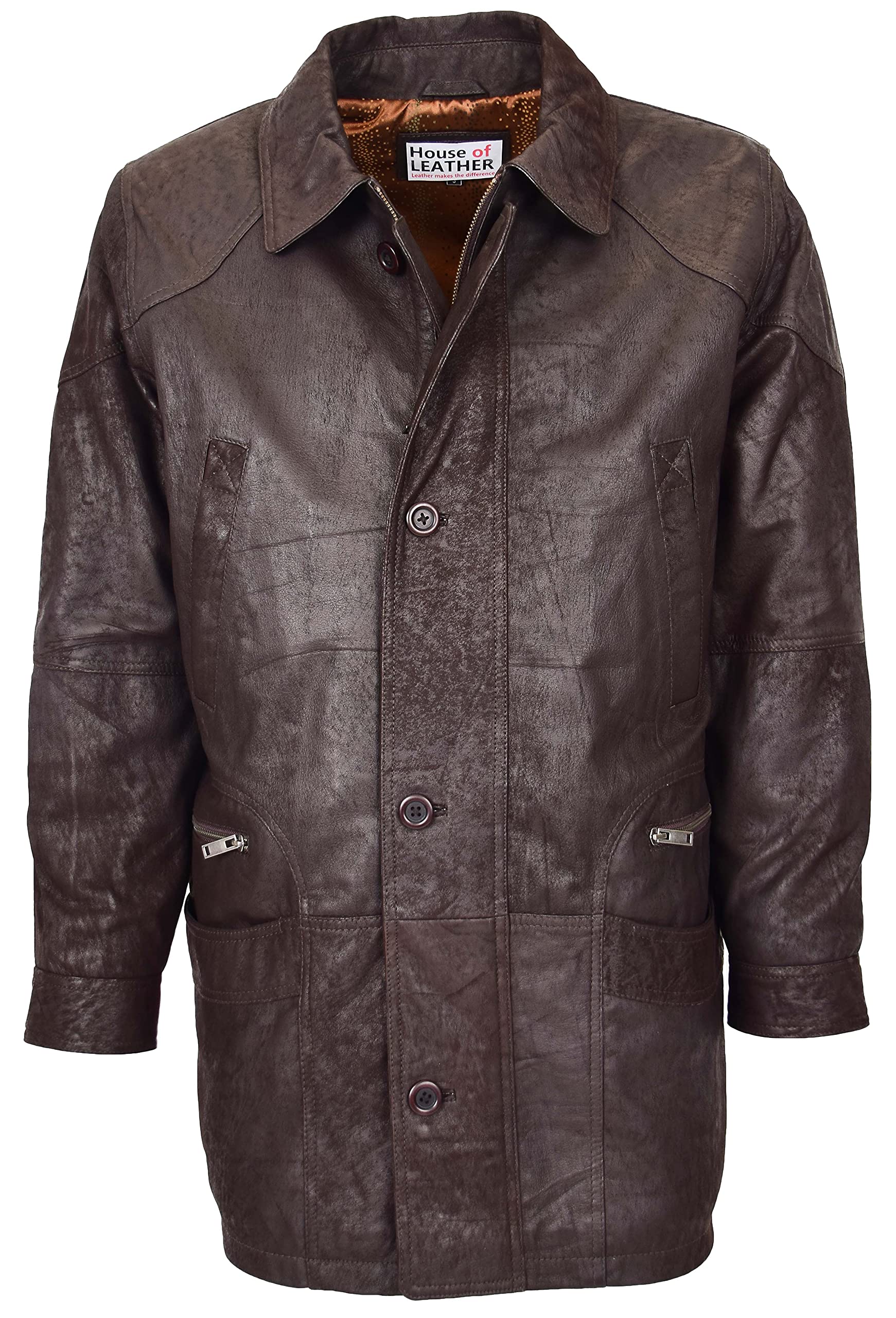 House of Leather - Men's Nubuck Leather Winter Coat - Brown - XL