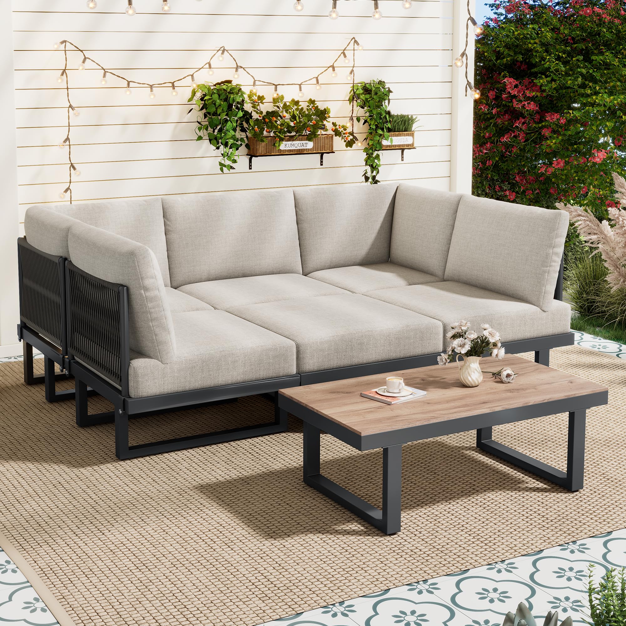 TIZZ Juego de muebles de jardín, sillones de jardín, sofá esquinero, cama relax al aire libre, mesa de café, se puede convertir en una cama reclinable, acero galvanizado, gris