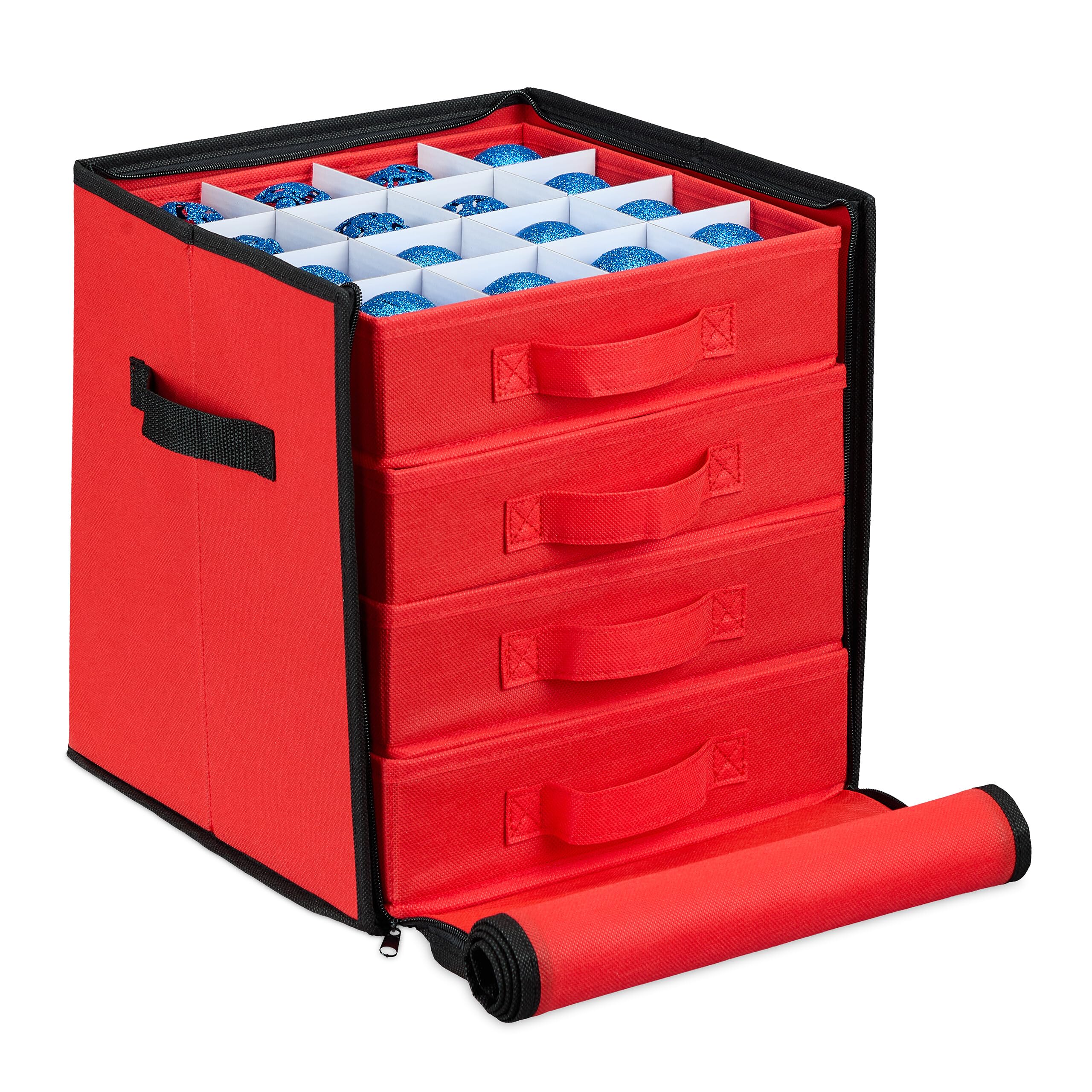 Relaxdays Caja Organizadora Adornos Navidad, 64 Compartimentos para Las Bolas del Árbol, 30,5x31x30,5 cm, Rojo y Negro, Cartón
