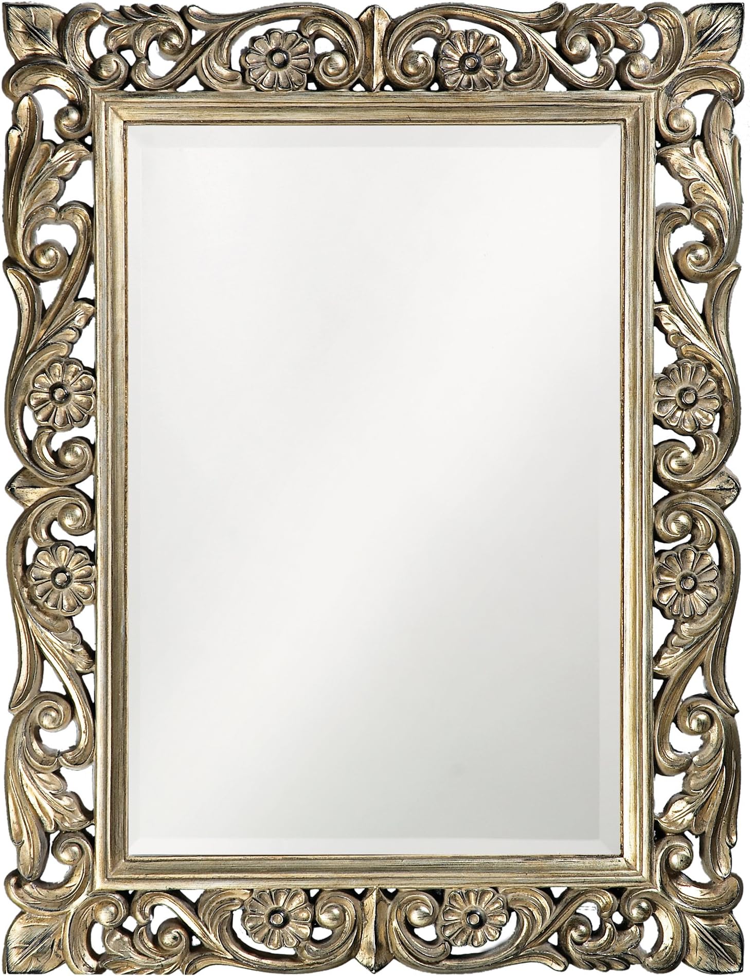 Chateau Rectangular Hanging Wall Mirror, Scroll Work Frame, Home Decoration Framed Mirrors for Bedroom, Bathroom, Entryway, or Any Room, French Pewter, 31.5 x 42 Inch