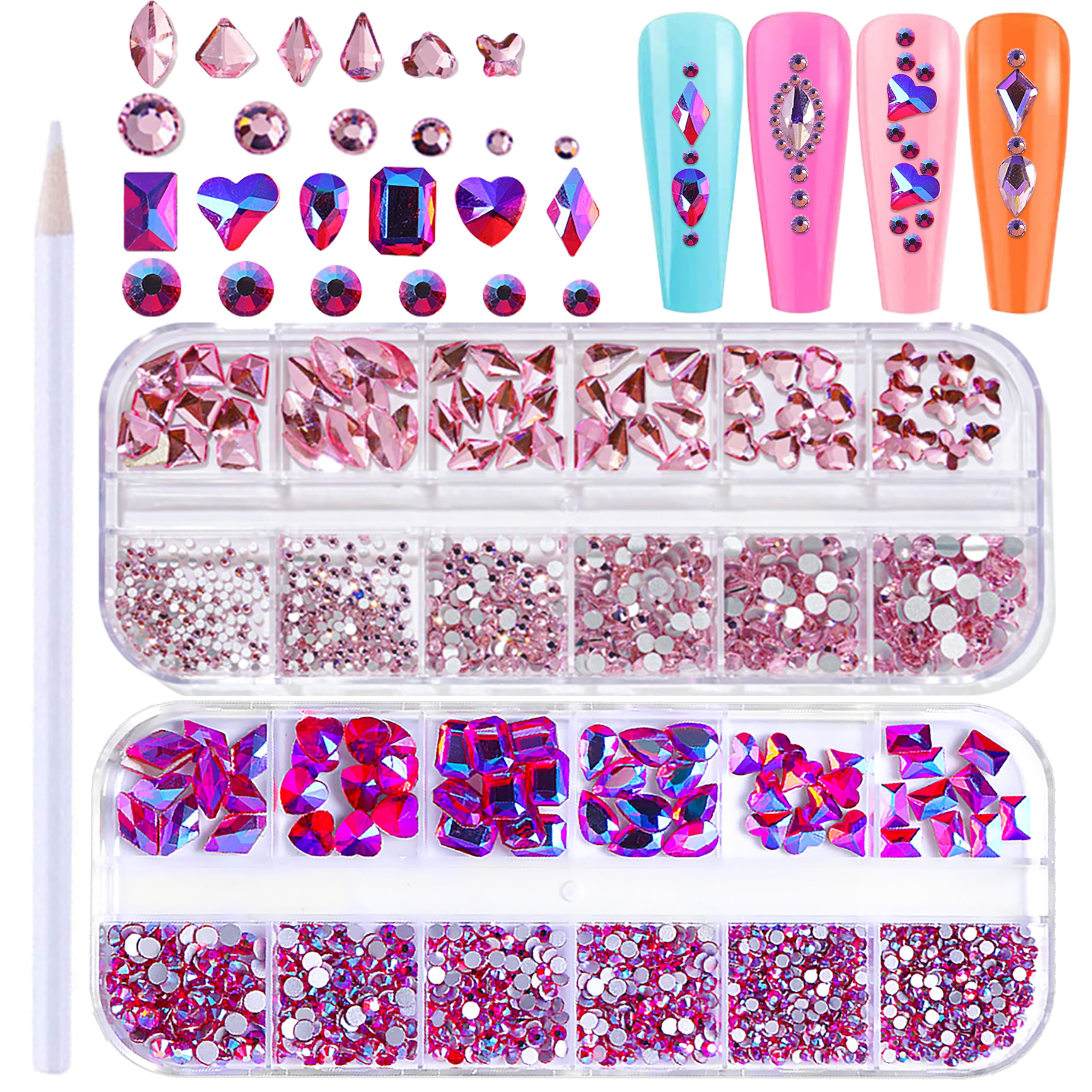 XEAOHESY 1620pcs Flat Back Pink Nail Rhinestones Rose AB Rhinestones for Nails Nail Crystal Rhinestones for Acrylic Nails Gems Glass Beads Stones for