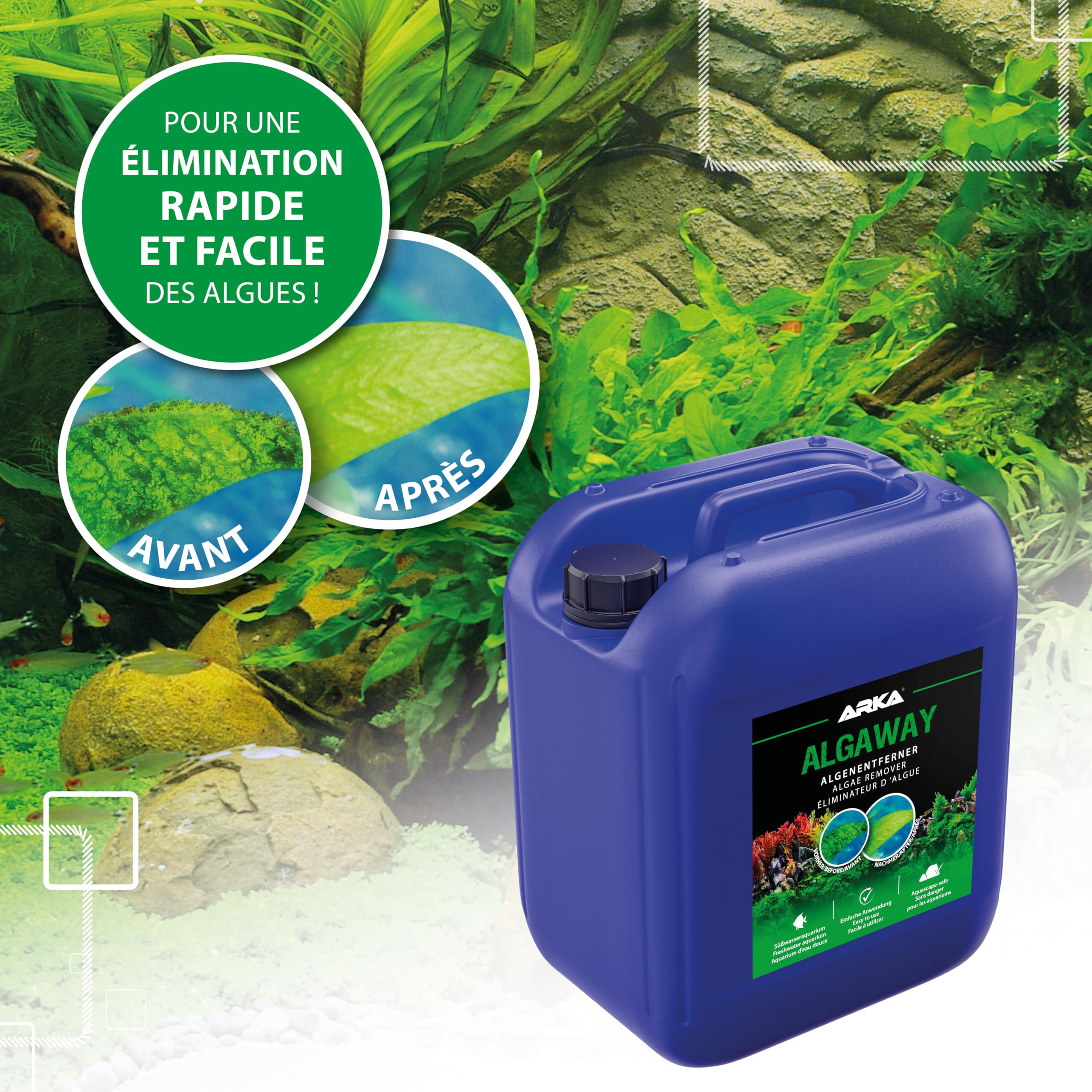 ARKA Algaway Éliminateur d’algues Aquarium 5 L – Traitement Anti-algues filamenteuses, Vertes & encroutantes – sans cuivre, sûr pour Plantes