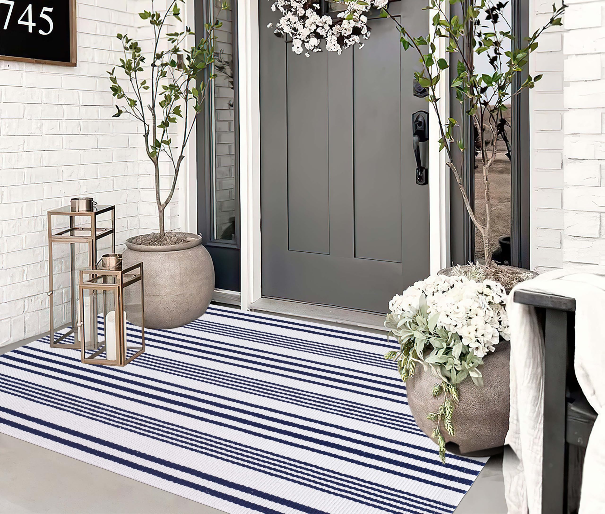 Tapis d'intérieur/extérieur rayé en Coton tissé à la Main Generic Bleu et