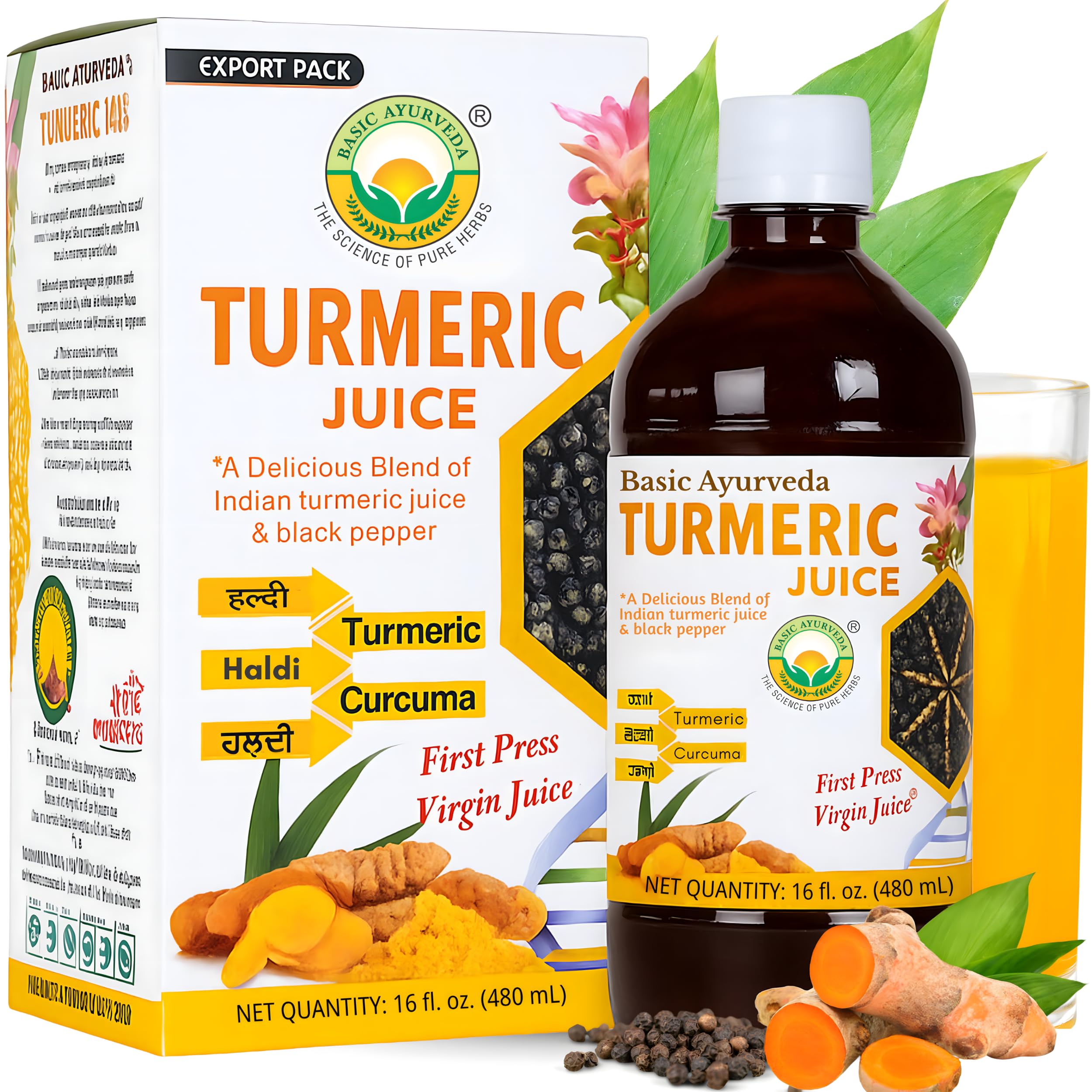 Turmeric Juice with Black Pepper | First Press Curcuma Herbal Drink | Great for Morning Shots, Detox Recipes, Smoothies & Everyday Plant Based Use | 480ml (Pack of 1)