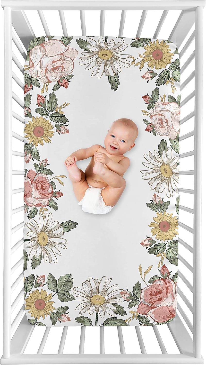 Sweet Jojo Designs 2-Piece Baby Crib Sheets Set (Boho Vintage Floral) for Girls, Infant Nursery, Toddler Room - Fitted, Standard Size (Shabby Chic, Rose, Daisy, Bohemian, Farmhouse, Wildflower, Pink)