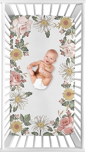Sweet Jojo Designs Sábana bajera ajustable vintage floral para niña, para cuna para bebé o bebé, cuarto de bebé, foto op, rosa rubor, amarillo y