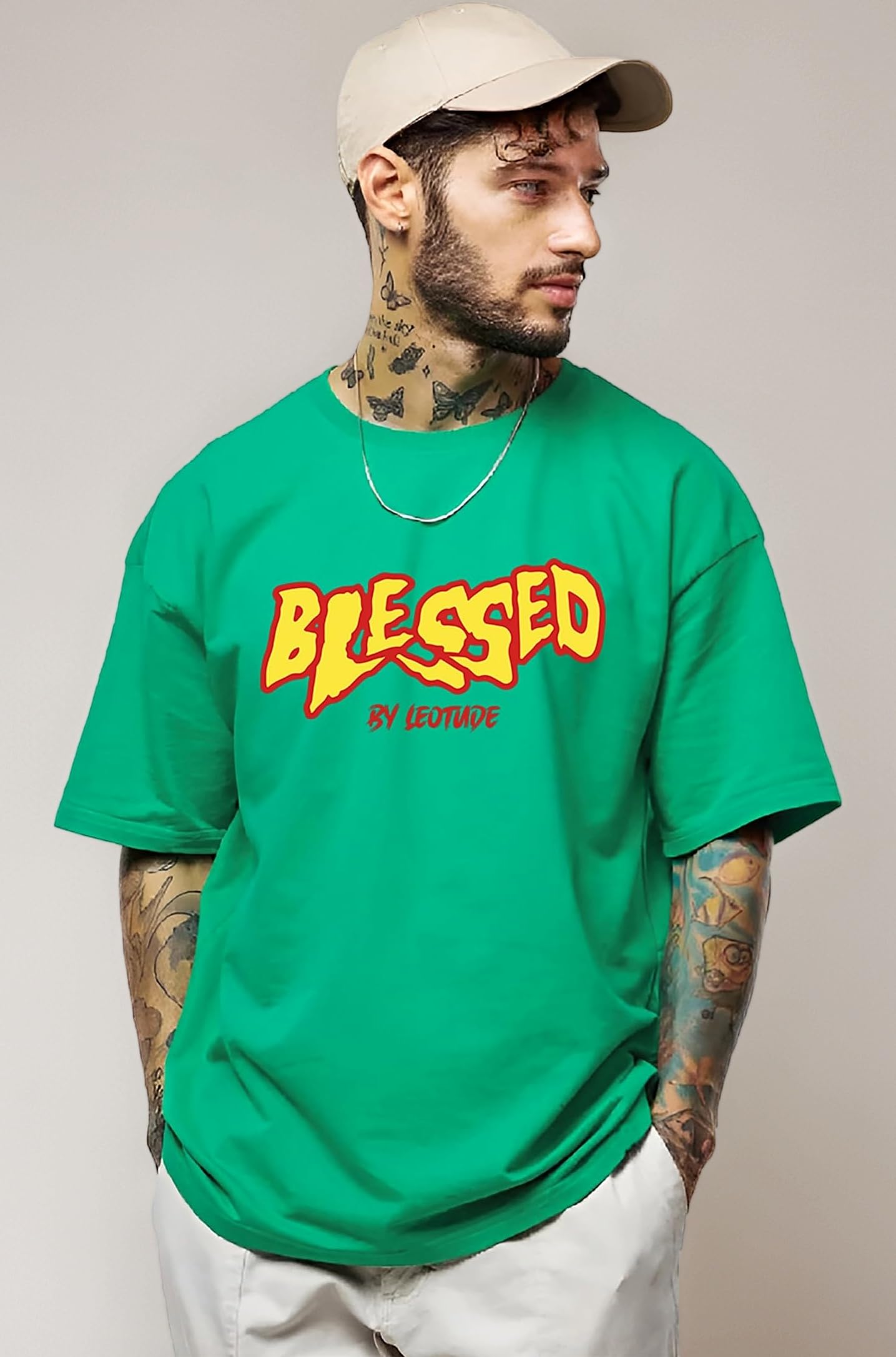 LEOTUDE Men's Cotton Regular Fit Half Sleeve Oversized Tshirt, Round Neck Longline Drop Shoulder | ful Printed T-Shirt