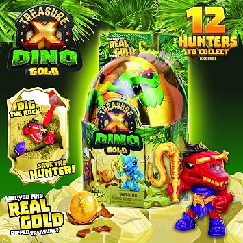 Treasure X Dino Gold Dino Single Pack Open Box Toy Digging and Discover Collectible Dinosaur Figure, You Will Find Real Gold Treasure, 8 Level Adventure
