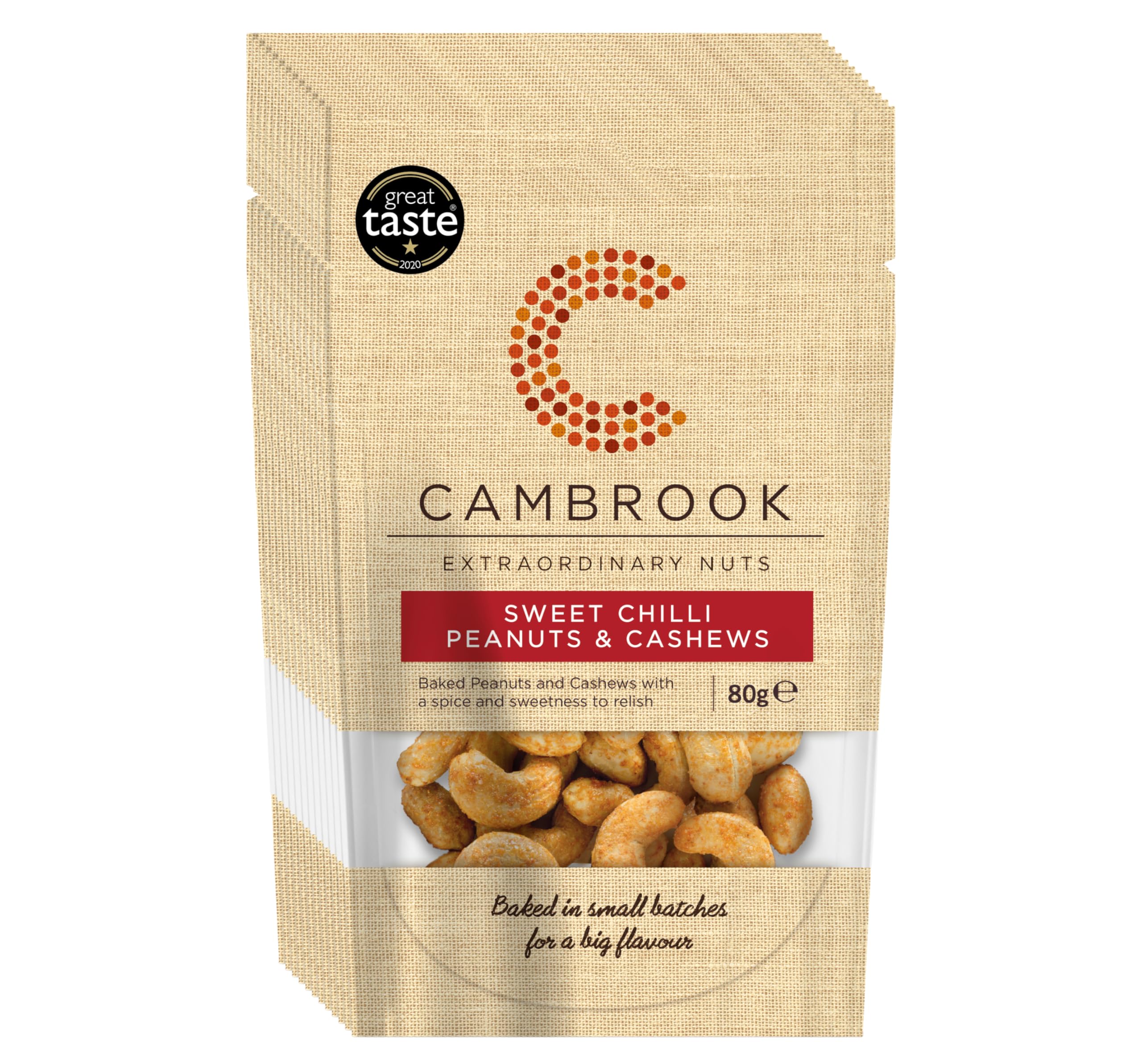 Cambrook - Baked Sweet Chilli Peanuts & Cashews, 80g Bags, Pack of 12