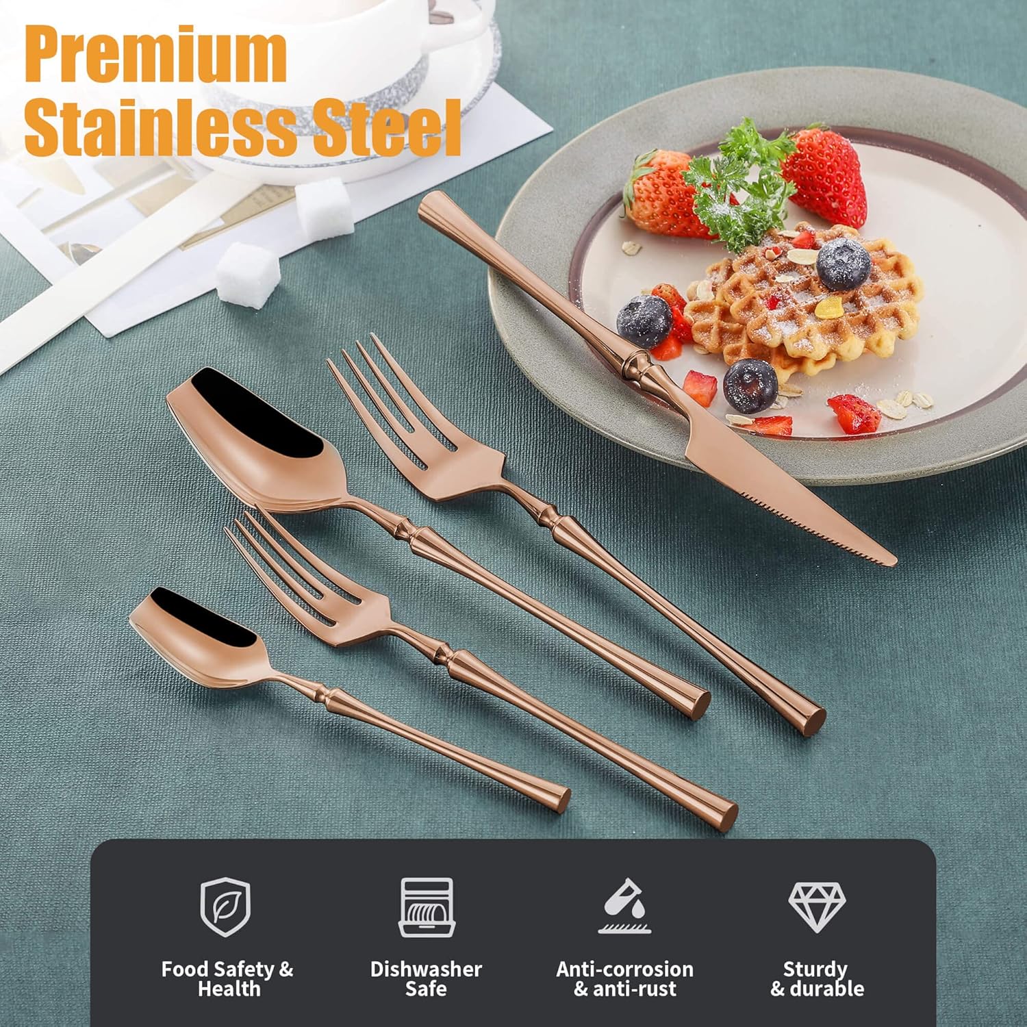 Lemeya 20-Piece Rose Gold Silverware Set for 4,Modern 18/10 Stainless Steel Flatware Set,Unique Rustic Cutlery Utensils Set,Spoon and Fork Set for Home, Restaurant,Mirror Polished,Dishwasher Safe