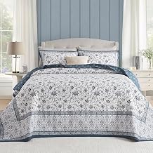 100% Cotton Oversized King Bedspread 120x120, Blue Botanical | Extra-Wide Coverage, Reversible 3-Piece Bedding Set, Fits Thick Mattresses, Lightweight All-Season Comfort, Country Style