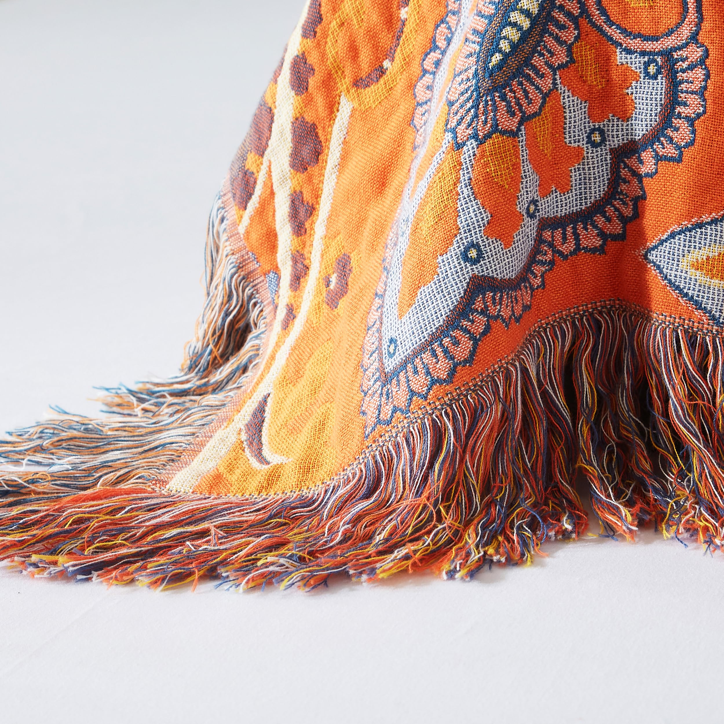 SE SOFTEXLY Manta Boho, 100 % algodón, muselina de doble cara, manta boho, 230 x 250 cm, manta de patchwork para sofá y colcha, ideal para sala de estar y dormitorio, naranja y verde