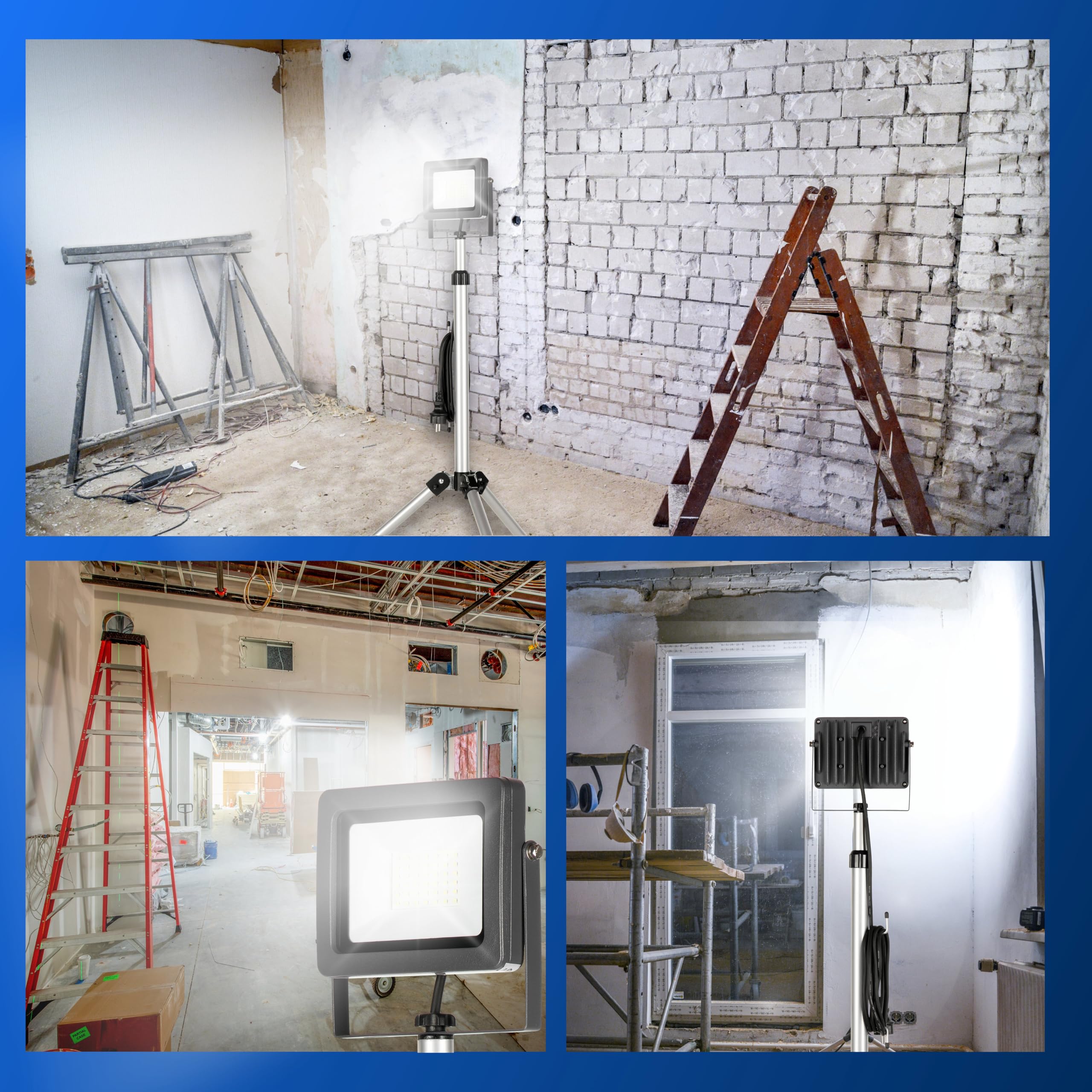 REV Baustrahler mit Stativ - 30W, 2550lm, 6500K, robuste Baustellenlampe für Baustelle, Werkstatt & Keller, Baulampe IP65 für innen & außen, silber
