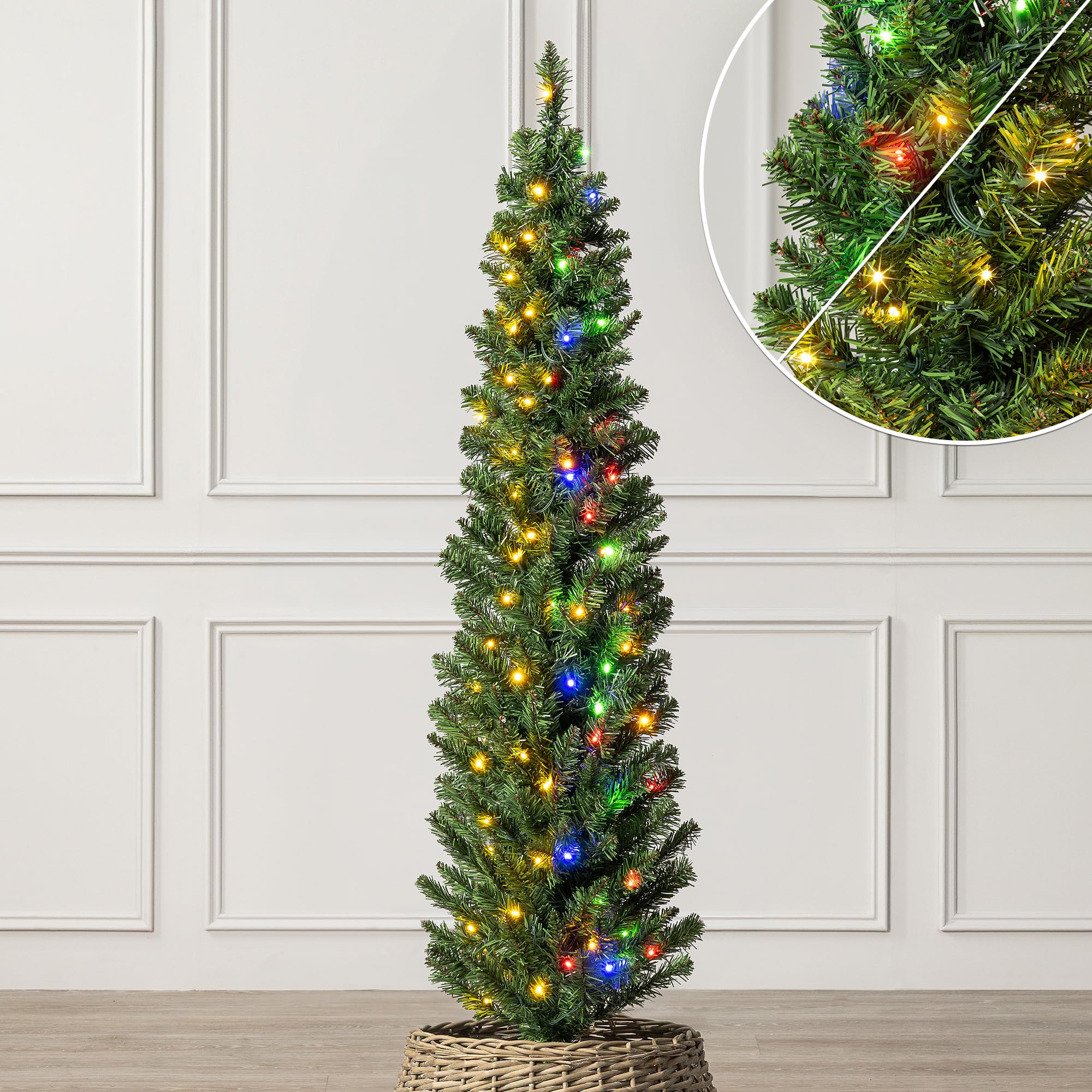 Christow Pre-Lit Pencil Christmas Tree, Dual-Colour LED Lights, 5ft