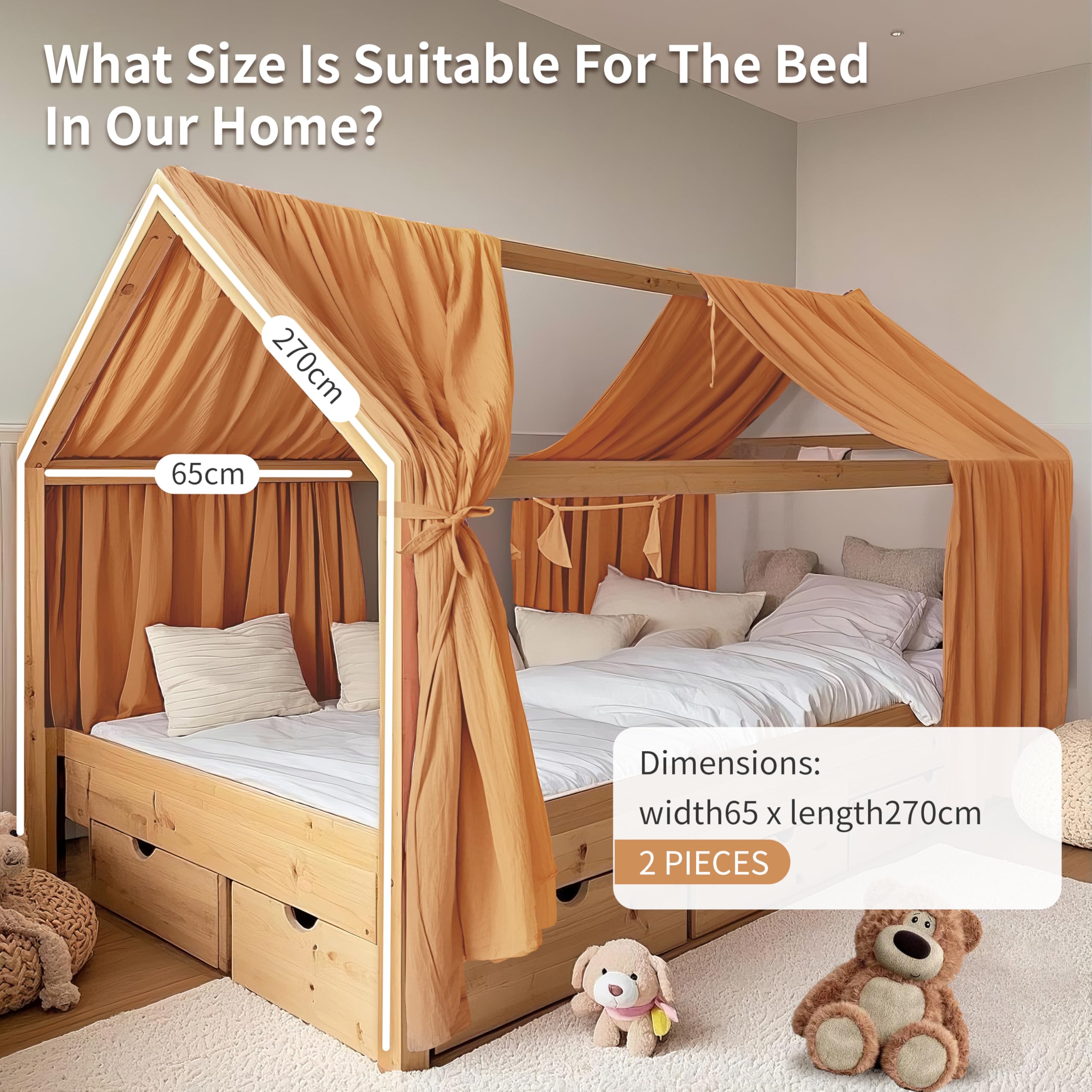 Hausbetthimmel 2 Stück, handgefertigt aus 100% Baumwoll-Musselin, Stoffhimmel zur Hausbettdekoration, für Mädchen und Jungen (2er Set 65 x 270cm Senfgelb)