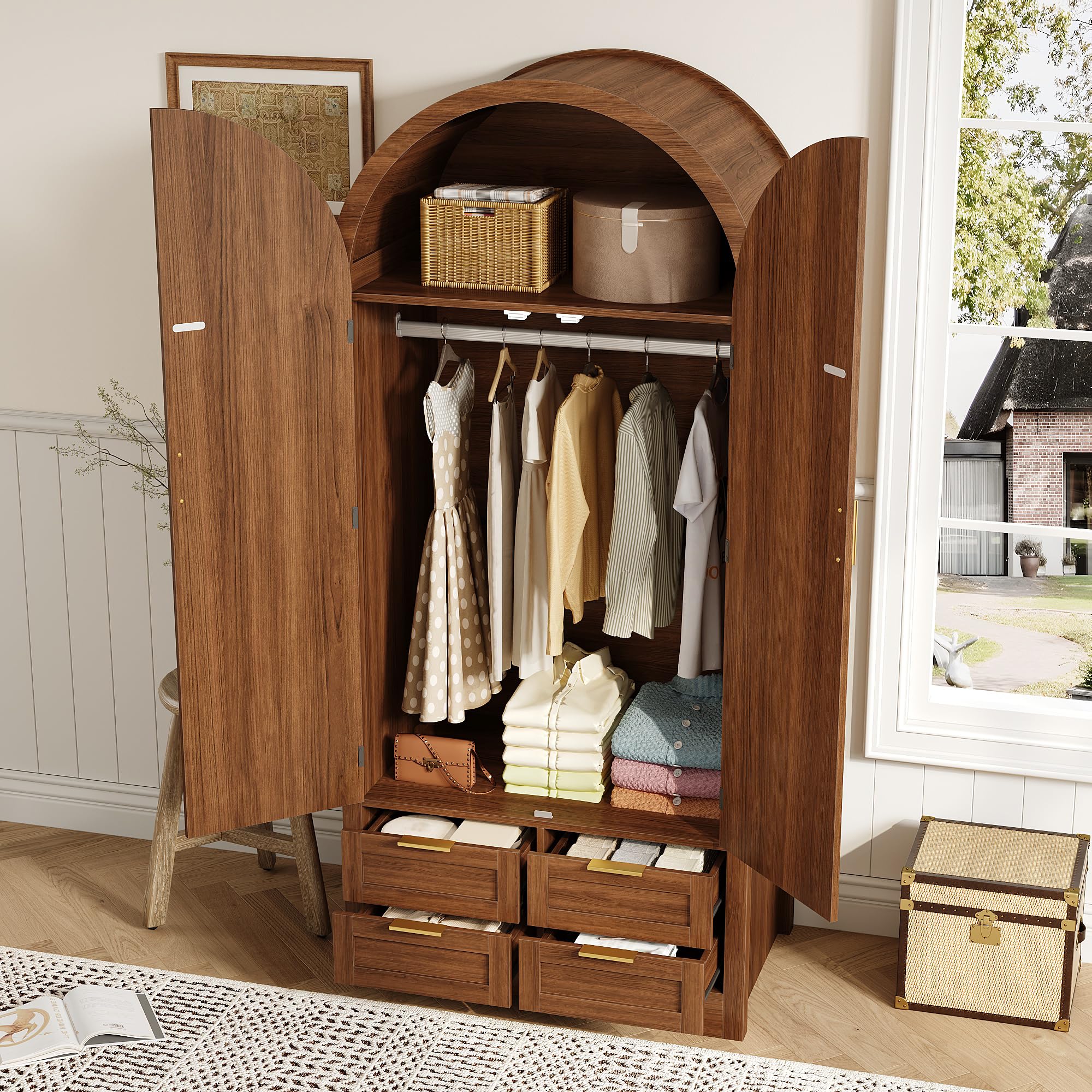 Armario Moderno con Puertas Curvas,Amplio Espacio de Almacenamiento,con Barra para Colgar y cajones,Armario de Lujo,Adecuado para dormitorios y áreas de Entrada (B)