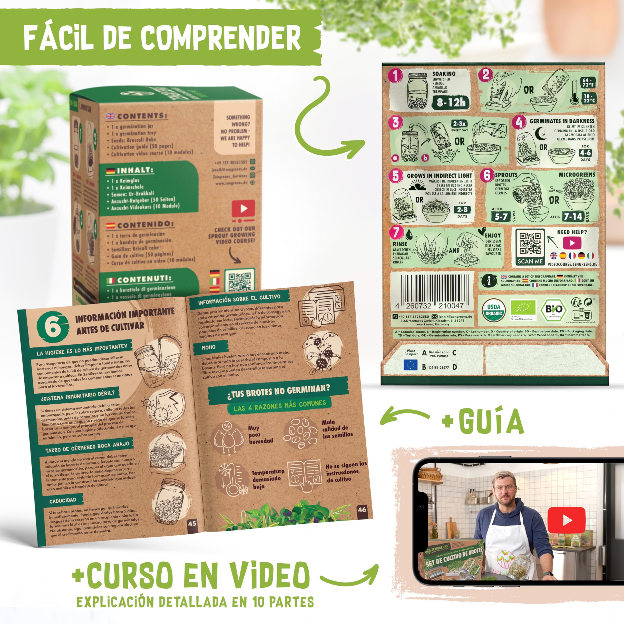 zengreens® Kit de Cultivo de brotes Bio - Set de 1, 2 o 3 tarros de germinación - Incluye Tarro germinador, Bandeja de Cultivo y Semillas para brotes - Incl. guía y videocurso Online