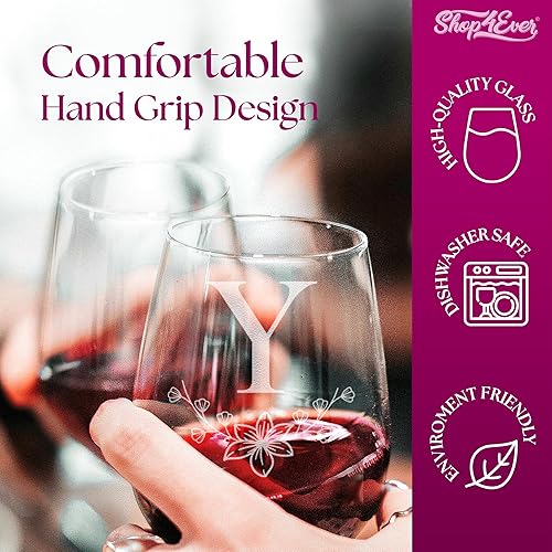 Miniatura 130 de Copa de vino con monograma floral grabada con letra inicial sin tallo, 15 onzas, regalo personalizado con monograma personalizado (A)