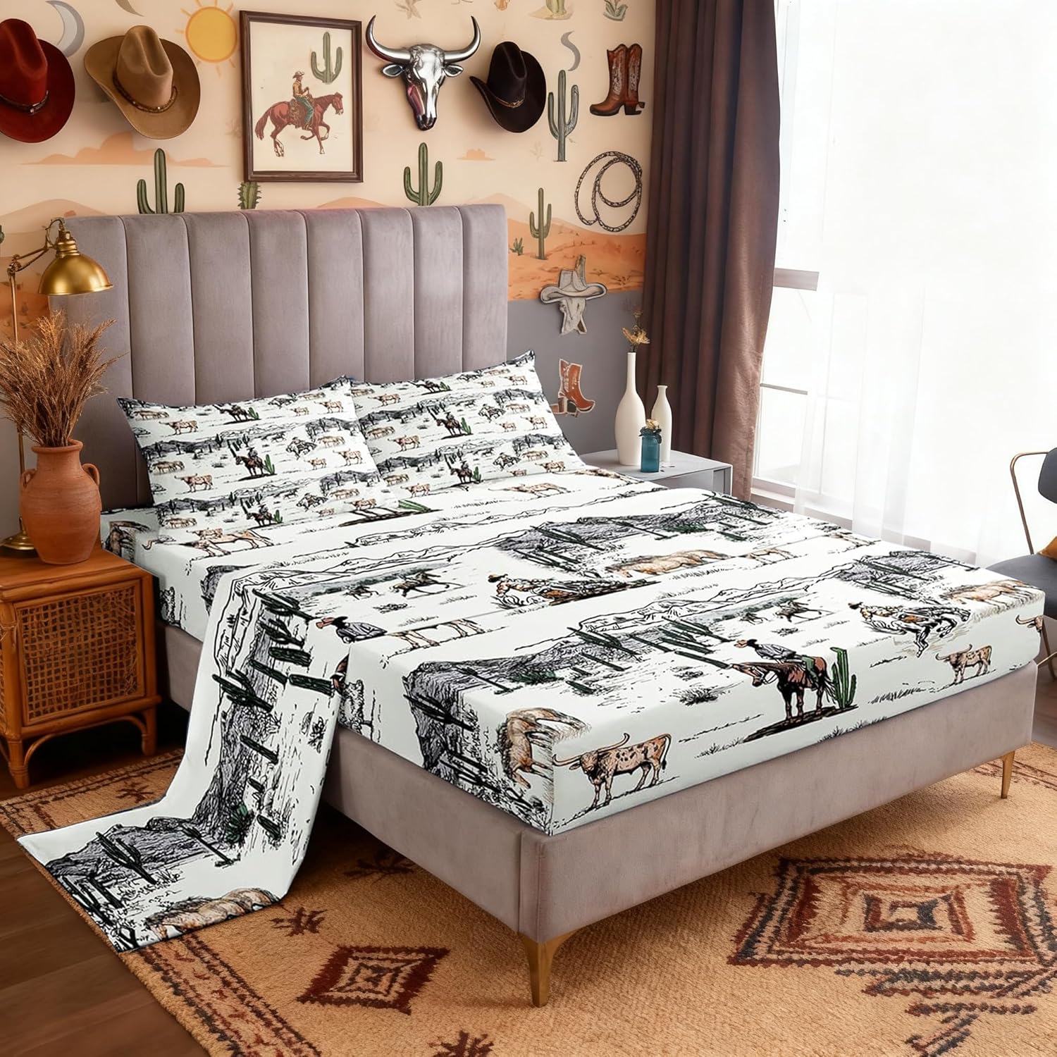 Western Cowboy Sheet Set Full Size,Vintage Southwest Style Bed Sheets Desert Cactus Cow Horse Animals Bedding Set for Kids Boys Girls Adult Room Decor,Grey Brown White Fitted + Flat Sheet 4Pcs