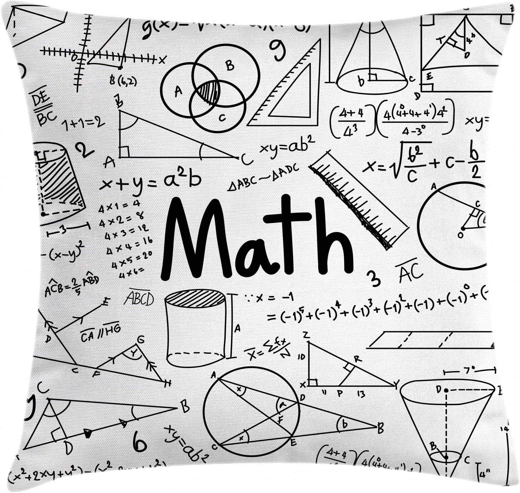 Ambesonne Mathematics Room Throw Pillow Cushion Cover, Hand Written Math Text and Equations Geometrical Shapes Print, Decorative Square Accent Pillow Case, 18" X 18", White and Black