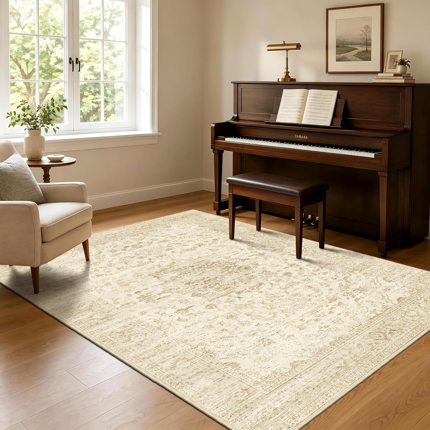 Neutral 4x6 Area Rugs, Beige Vintage Rug for Bedroom, Living Room, Nursery image 3