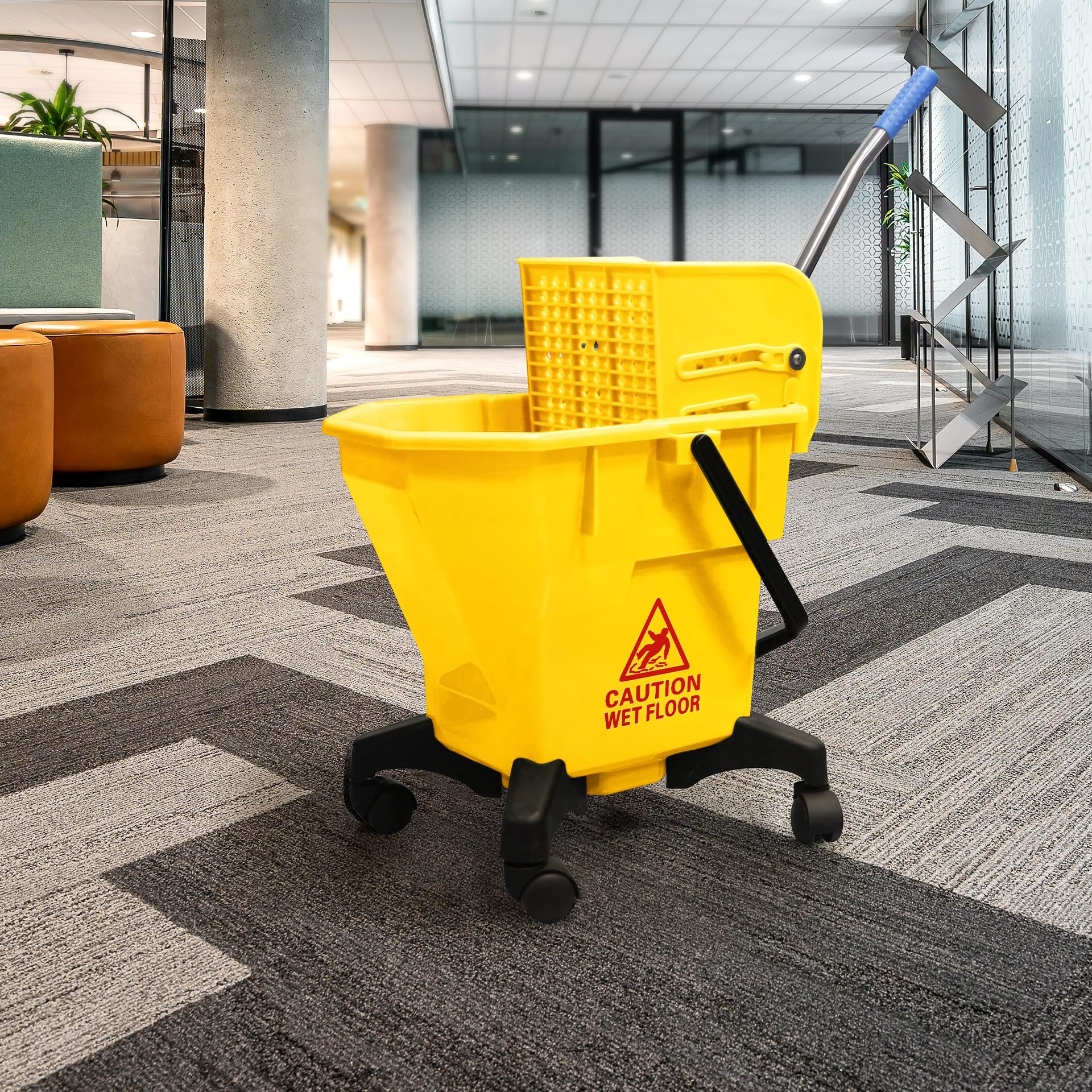 Cubo de fregona de 6.6 galones con escurridor, diseño sin punta y plástico resistente, sistema de fregona giratoria para suelos de madera dura, cubo individual que ahorra espacio (amarillo