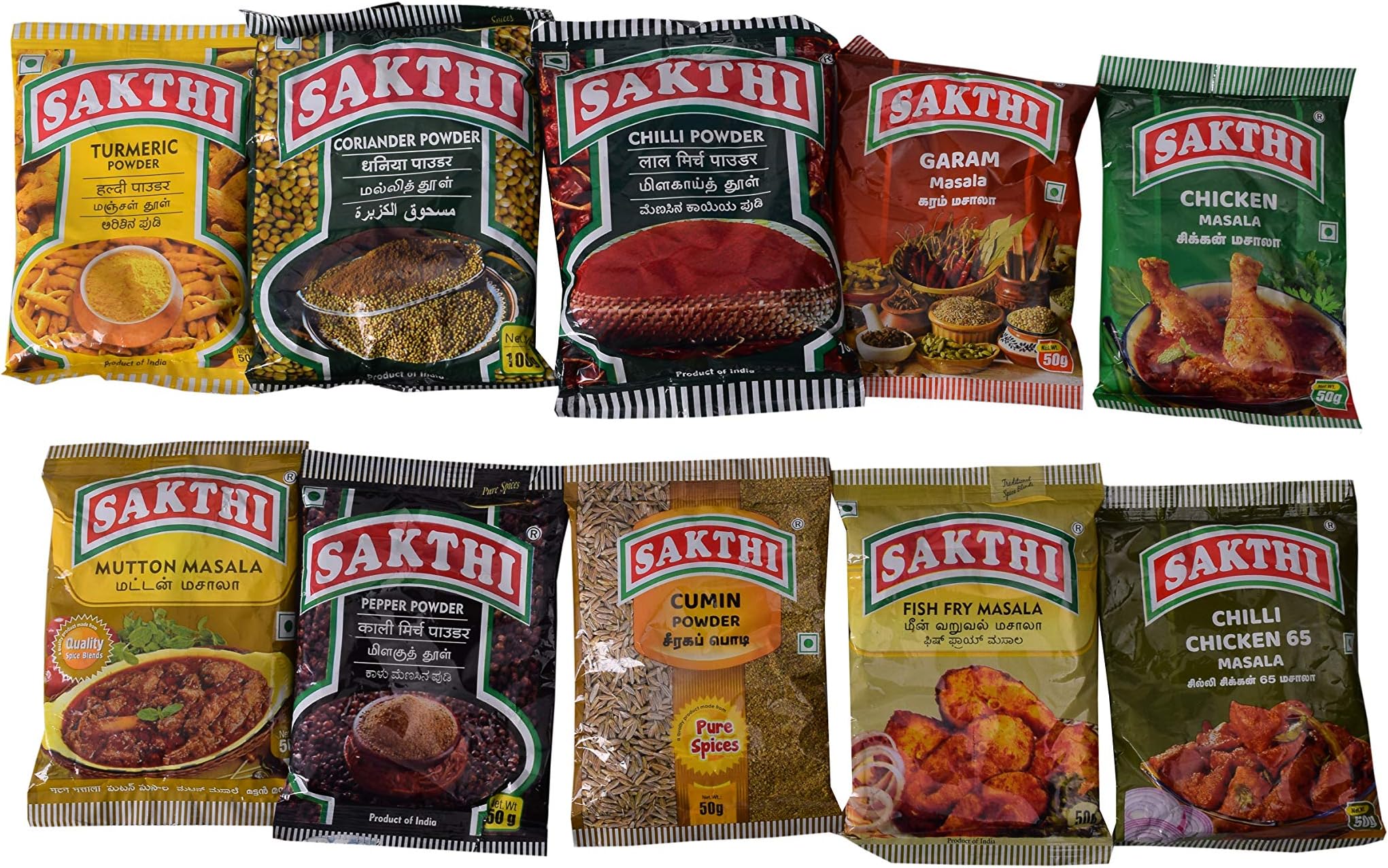 SAKTHI Masala, Non Veg Combo - 10 Masala Varieties ( Turmeric 50g, Coriander 100g, Chilli 100g, Black Pepper 100g, Garam 50g, Chicken 50g, Mutton 50g, Fish Fry 50g, Cumin 50g, Chicken 65 100g )