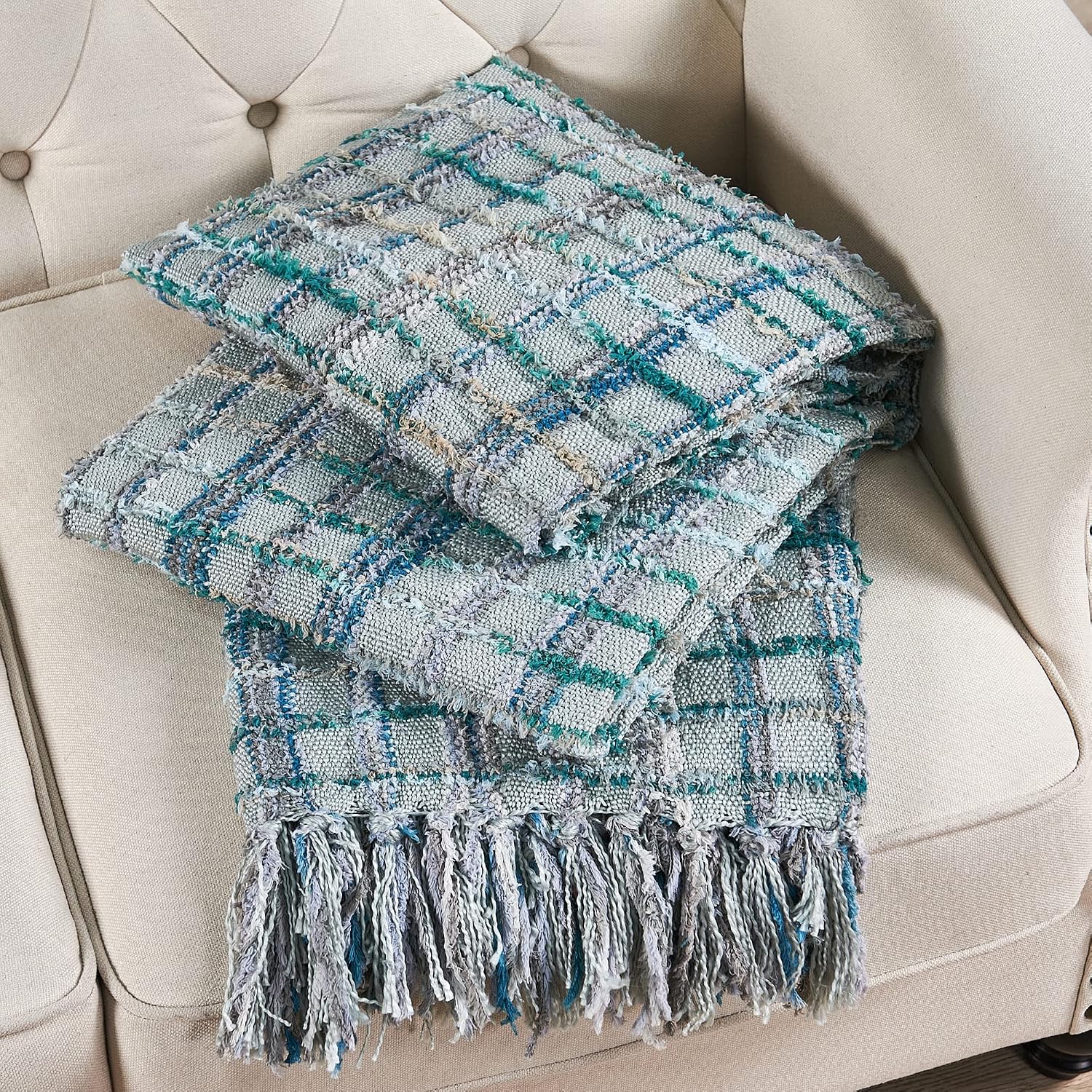 HESTIN Plaid Colored Fringe Tassels Throw, Warm Reversible Lightweight Blankets for Couch, Sofa, Bed, Camping, Outdoor Throw- All Seasons, Blue, 50" x 60"