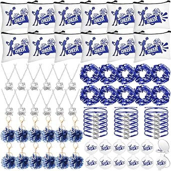 Equsion 72 Pcs Cheer Gifts Bulk for Team Cheerleader Valentines Gifts Bag Necklace Bracelet Hair Ties Pom Pom Keychain Mirror