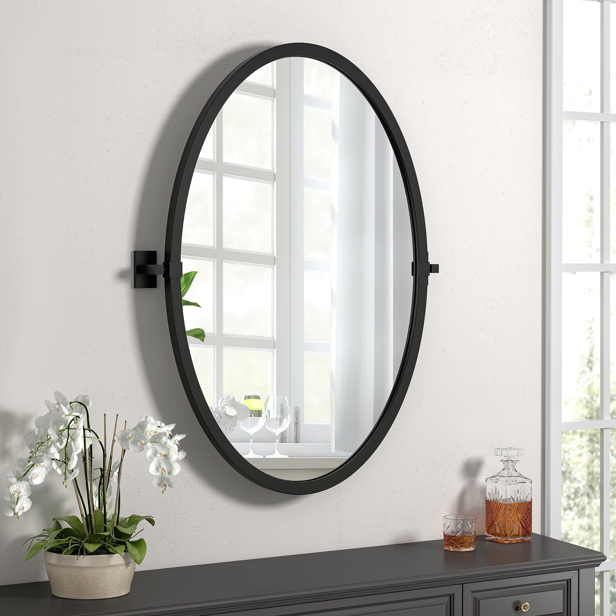 NXHOME 35.4×23.6 inch Black Bathroom Pivot Mirror for Wall, Oval Farmhouse Vanity Mirror Metal Framed Adjustable Wall Mirror