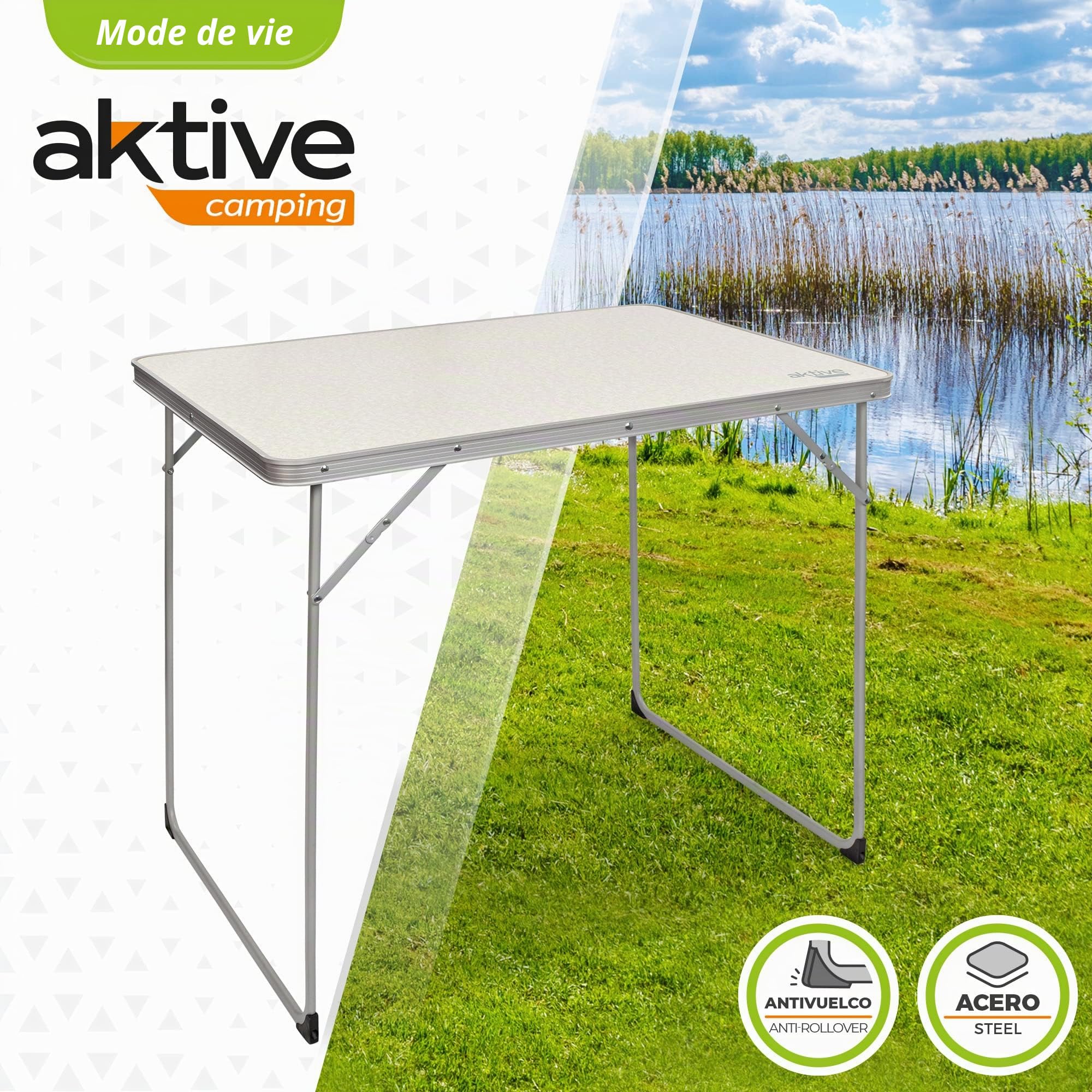 Aktive 52867- Table pliante, camping, plage, table portable, blanche, acier, robuste, 80x60x70 cm