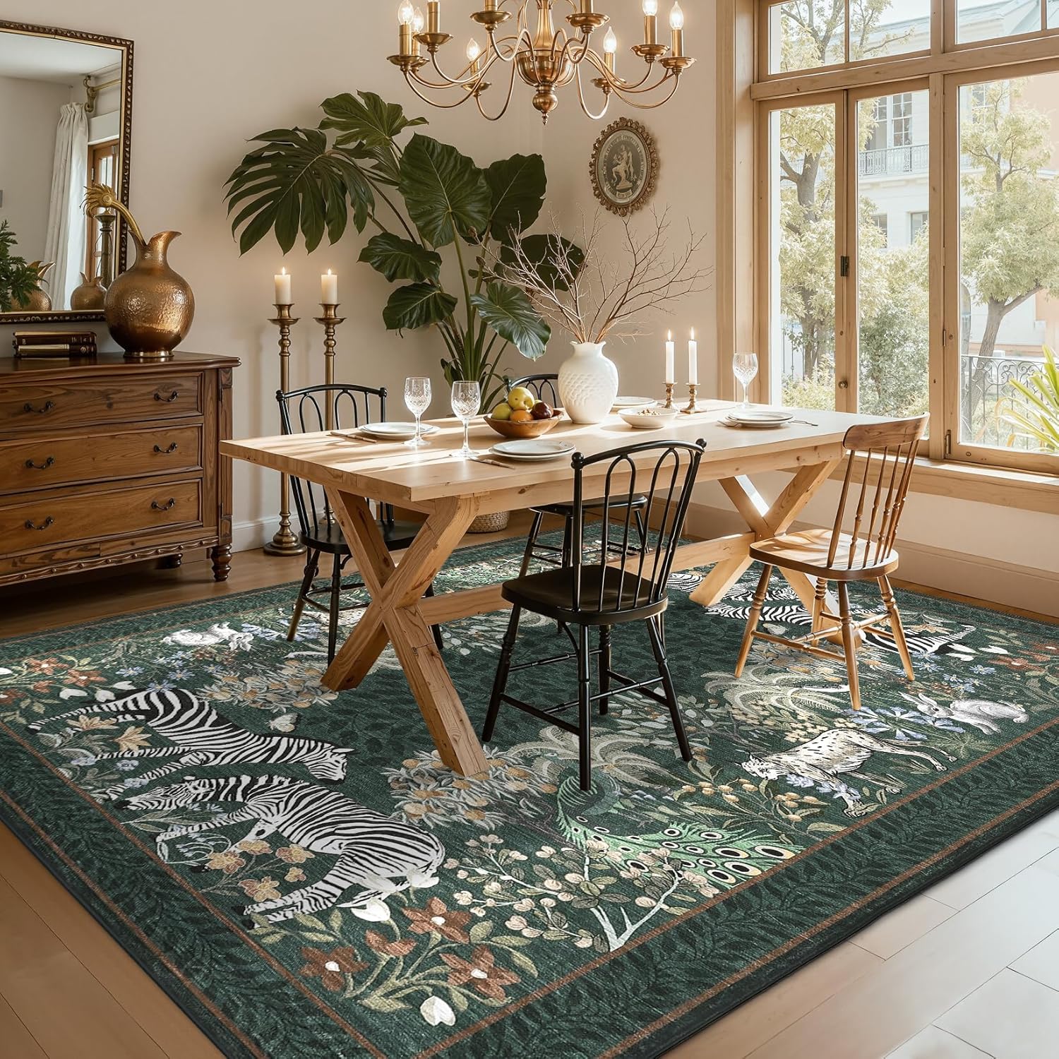 GarveeHome Zebra Green Washable Rugs 5x7 for Playroom Vintage Jungle Forest Safari Animal Print Rug Low Pile Botanical Kids Rugs for Living Room Bedroom Kitchen Nursery Room