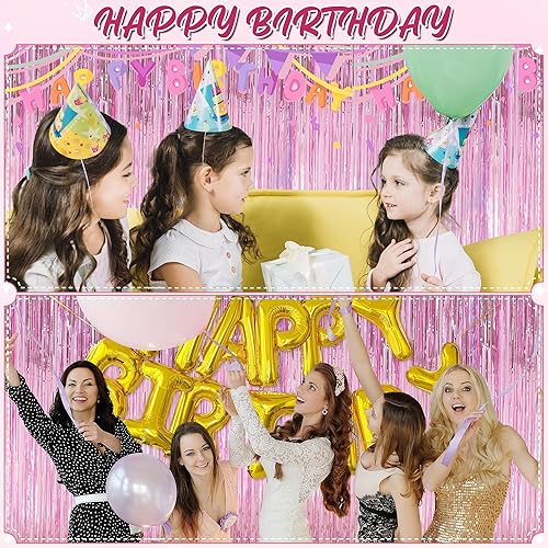 Miniatura 5 de Crosize Paquete de 4 cortinas de flecos de papel de aluminio rosa de 3.3 x 9.9 pies, decoración de fiesta, telón de fondo de cortina de oropel rosa