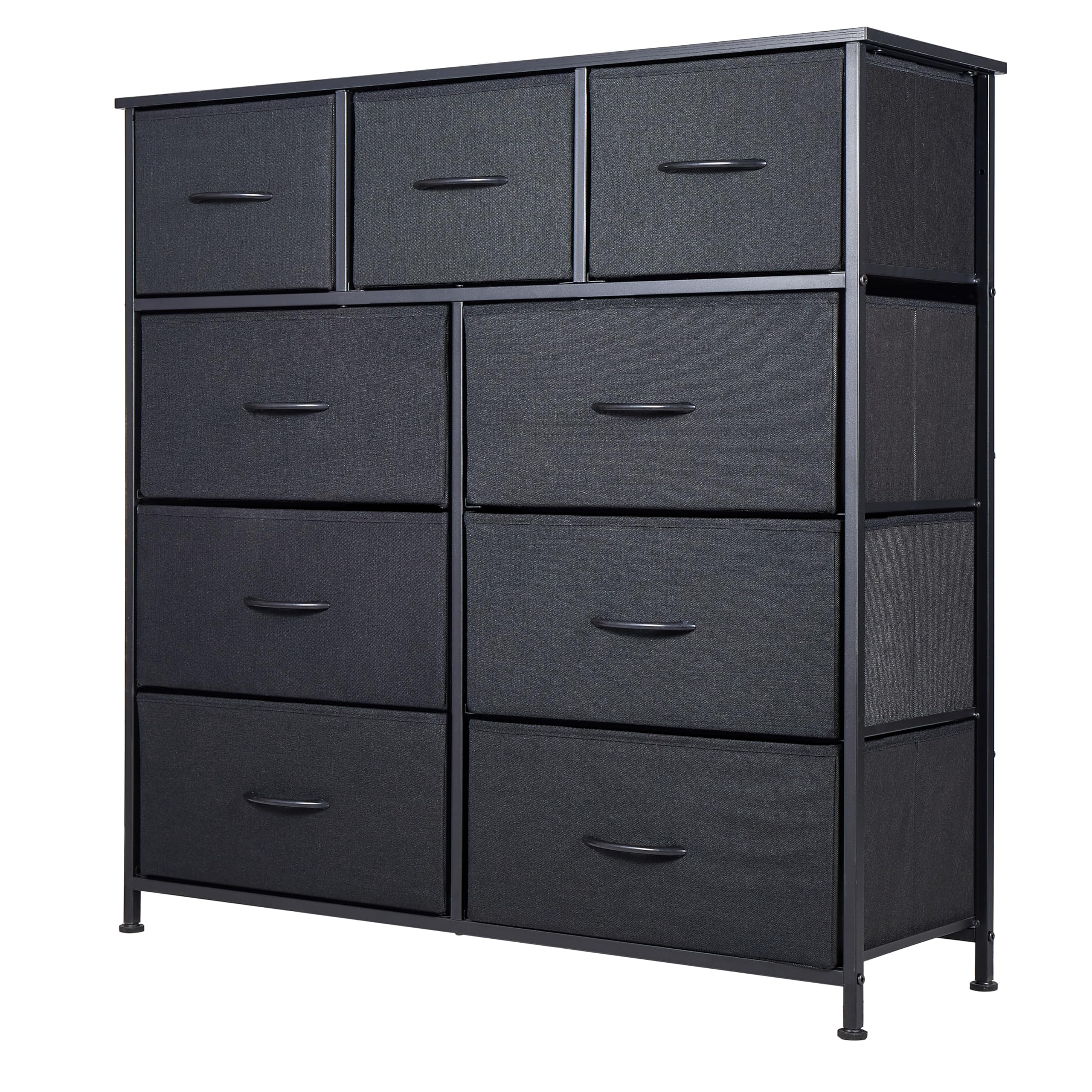 Panana Fabric Chest of Drawer, Tall Dresser Storage Drawer with 9 Drawers Bins for Closet - Steel Frame, Wood Top Organizer for Bedroom, Kids room, Living room, Closet (Black)