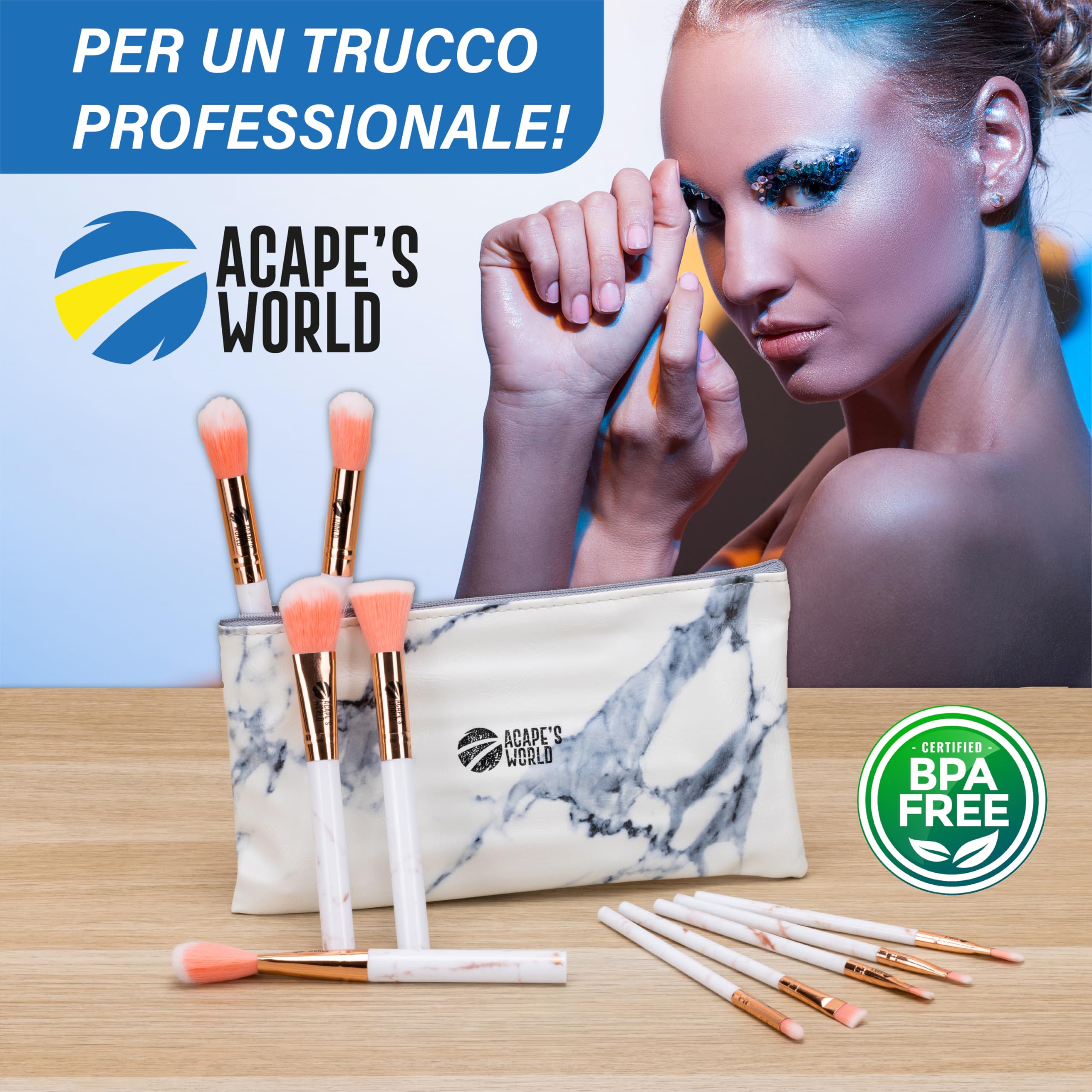 ACAPES WORLD Set of 11 Professional Make-Up Brushes, 2 Sponges and Makeup Bag - Make Up Brush Kit, White - Image 4