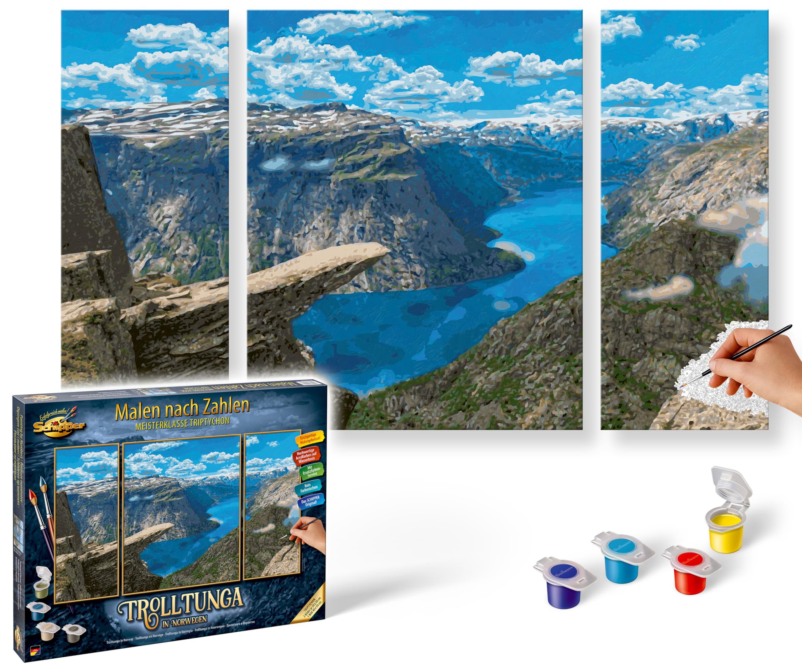 Schipper 609260922 Paint by Numbers - Trolltunga in Norway - Painting Pictures for Adults, Includes Brush and Acrylic Paints, Triptych, 50 x 80 cm