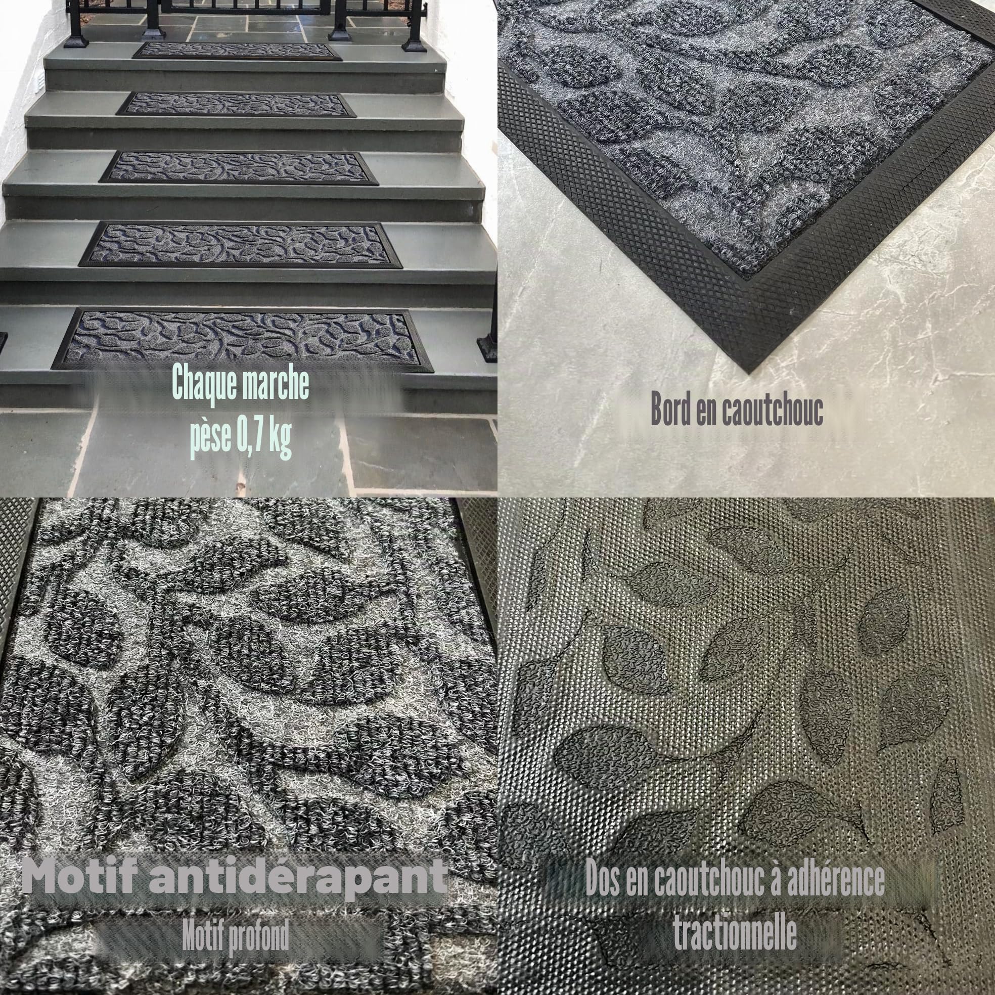 Aucuda Lot de 6 tapis d'escalier d'extérieur en caoutchouc, 76 x 22 cm, résistants aux intempéries et antidérapants, isolation thermique, tapis antidérapant pour extérieur, tapis d'escalier gris à
