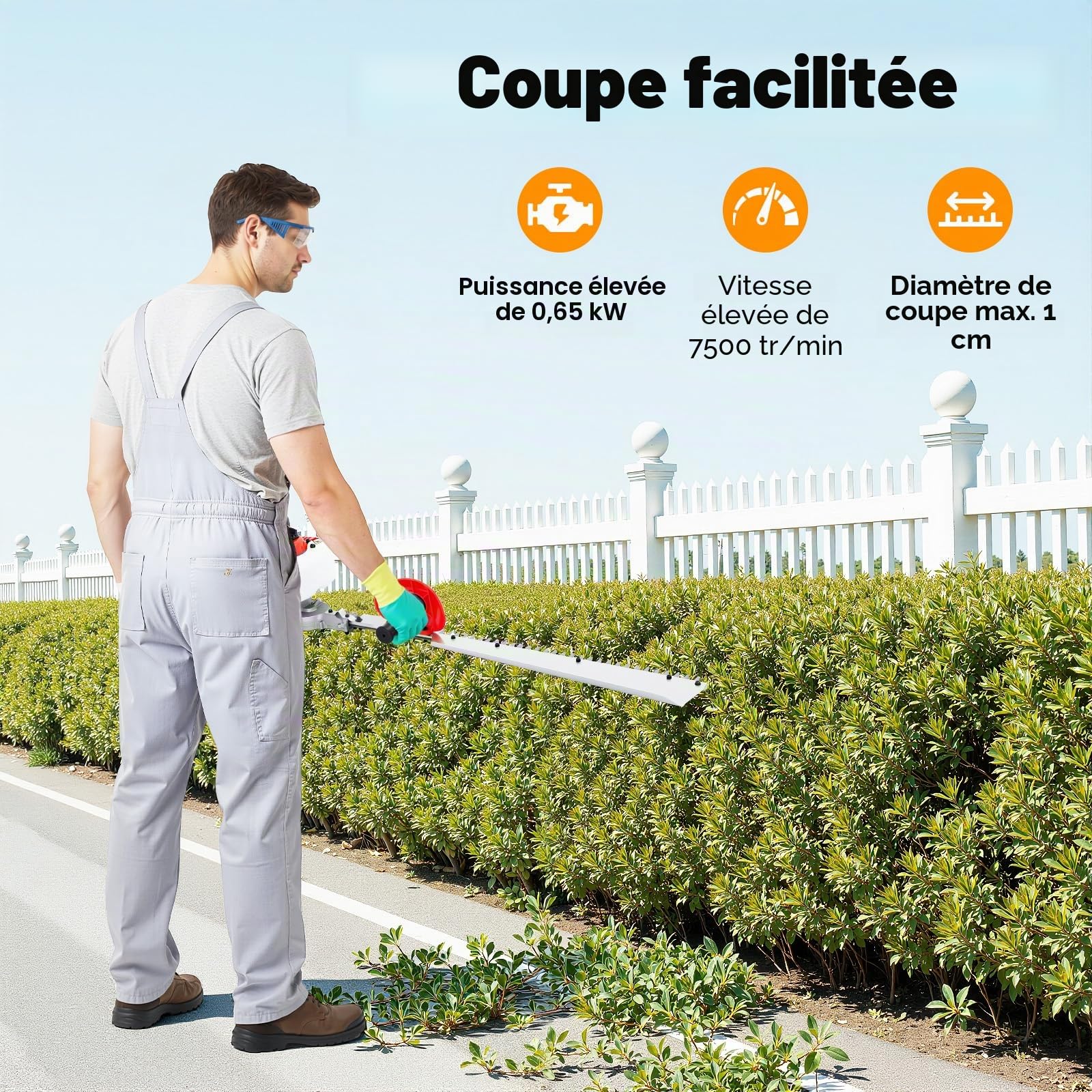 Taille-haie à essence - Moteur 2 temps avec démarrage manuel de 0,65 kW - Lame simple tranchante de 70 cm - Moteur 22,5 cm³ - Diamètre maximum de la branche : 11,88 cm
