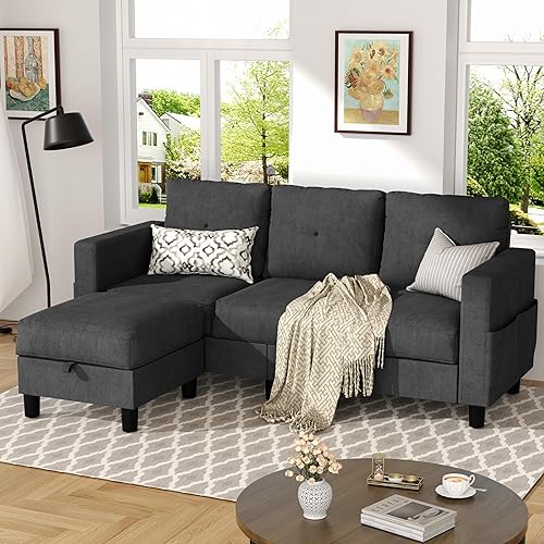 JY QAQA Convertible Sectional Sofa Couch with 3-Seat Sofa, L-Shaped Ottoman Couch with Modern Linen Fabric for Small Living Room, Apartment and Small Space(Black)