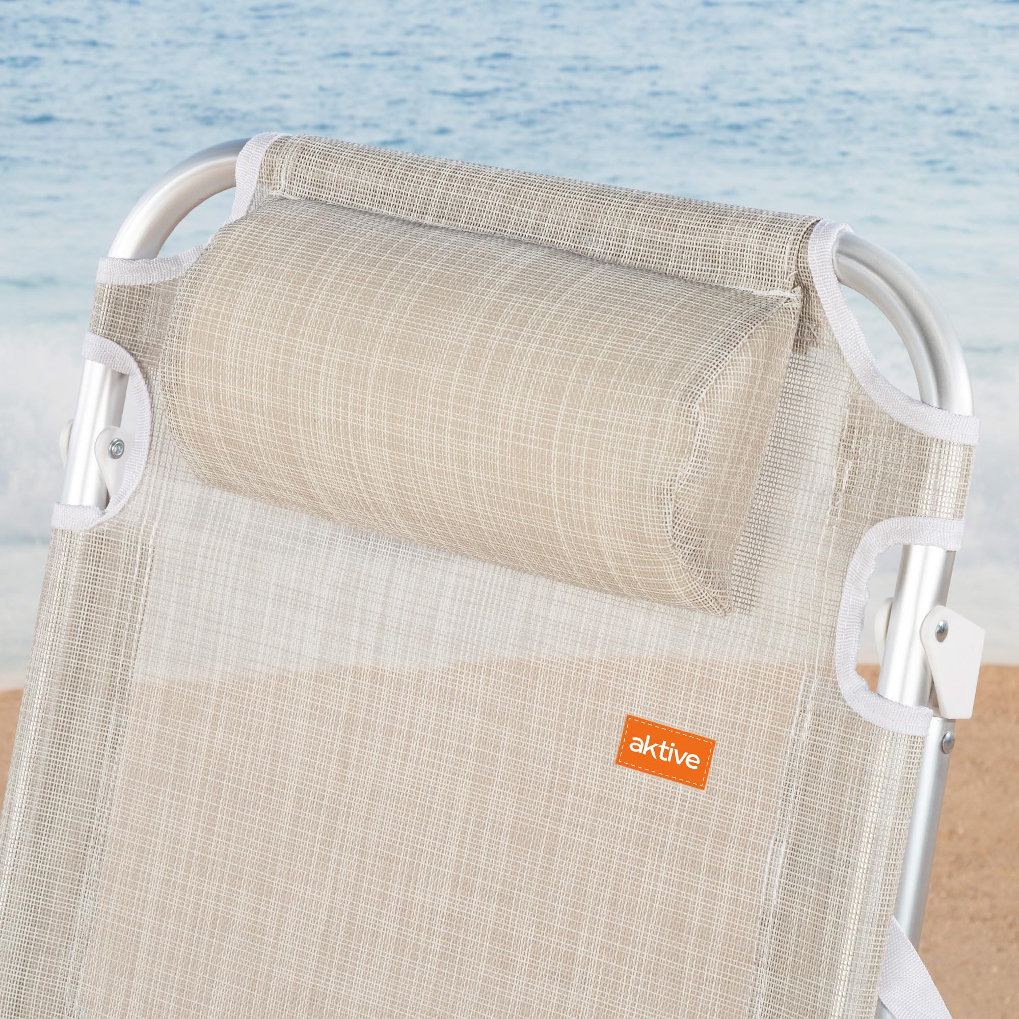 AKTIVE 62641 - Silla de Playa Plegable Antivuelco Crema, Reclinable 5 Posiciones, Resistente y Ligera con asa de Transporte y cojín, Peso máx. soportado 110Kg., Medidas 48x60x90cm, Sillas de Playa