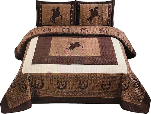 Western Collection Colcha de lujo de 3 piezas con diseño de estrellas y caballos occidentales para el hogar, colcha de gran tamaño (King beige
