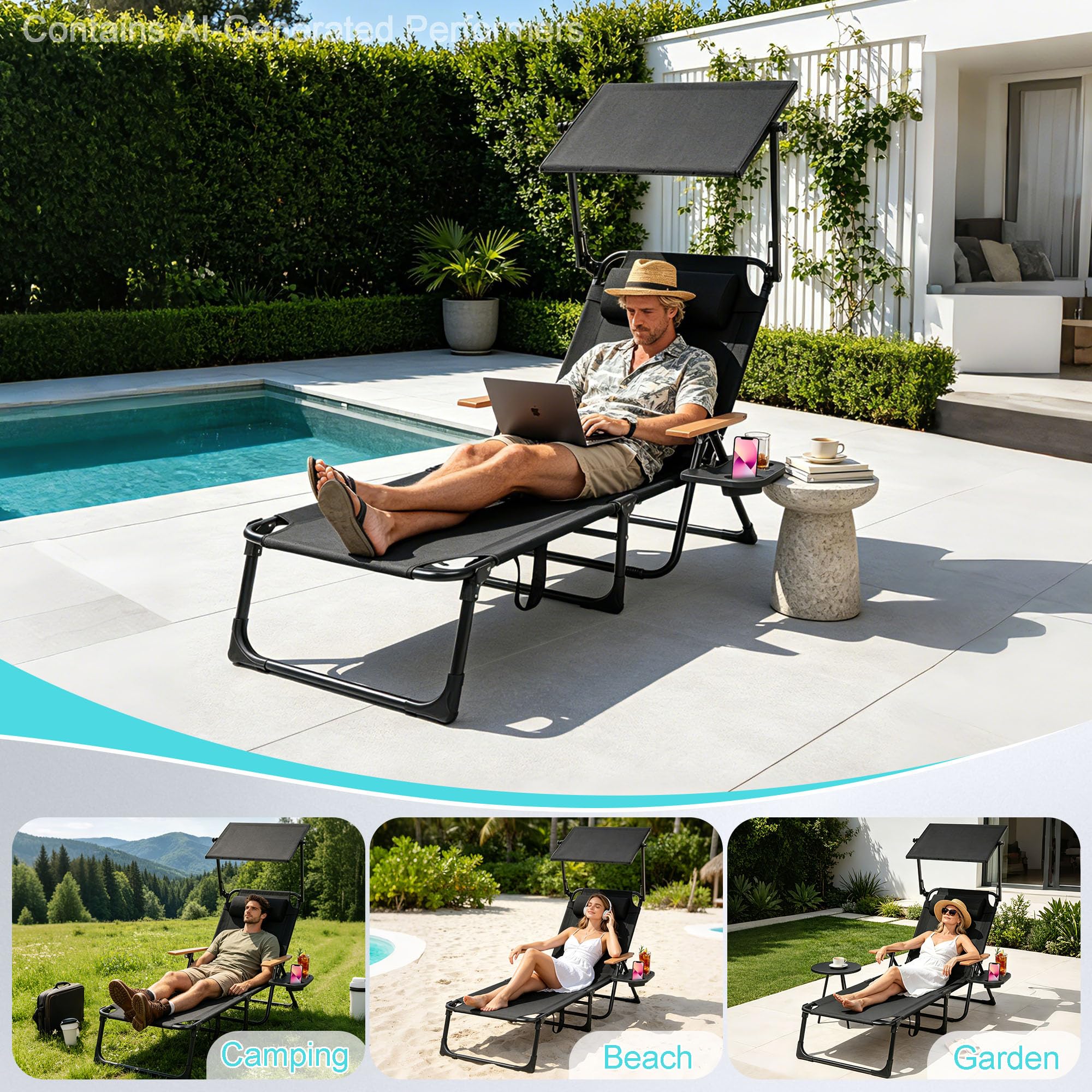 Sonnenliege Klappbar mit Dach, Liegestuhl Garten mit 4-fach Verstellbarer Rückenlehne, Poolliege mit Kopfstütze, Armlehnen und Getränkehalter, bis 150kg, Gartenliege Wetterfest，Schwarz mit Dach