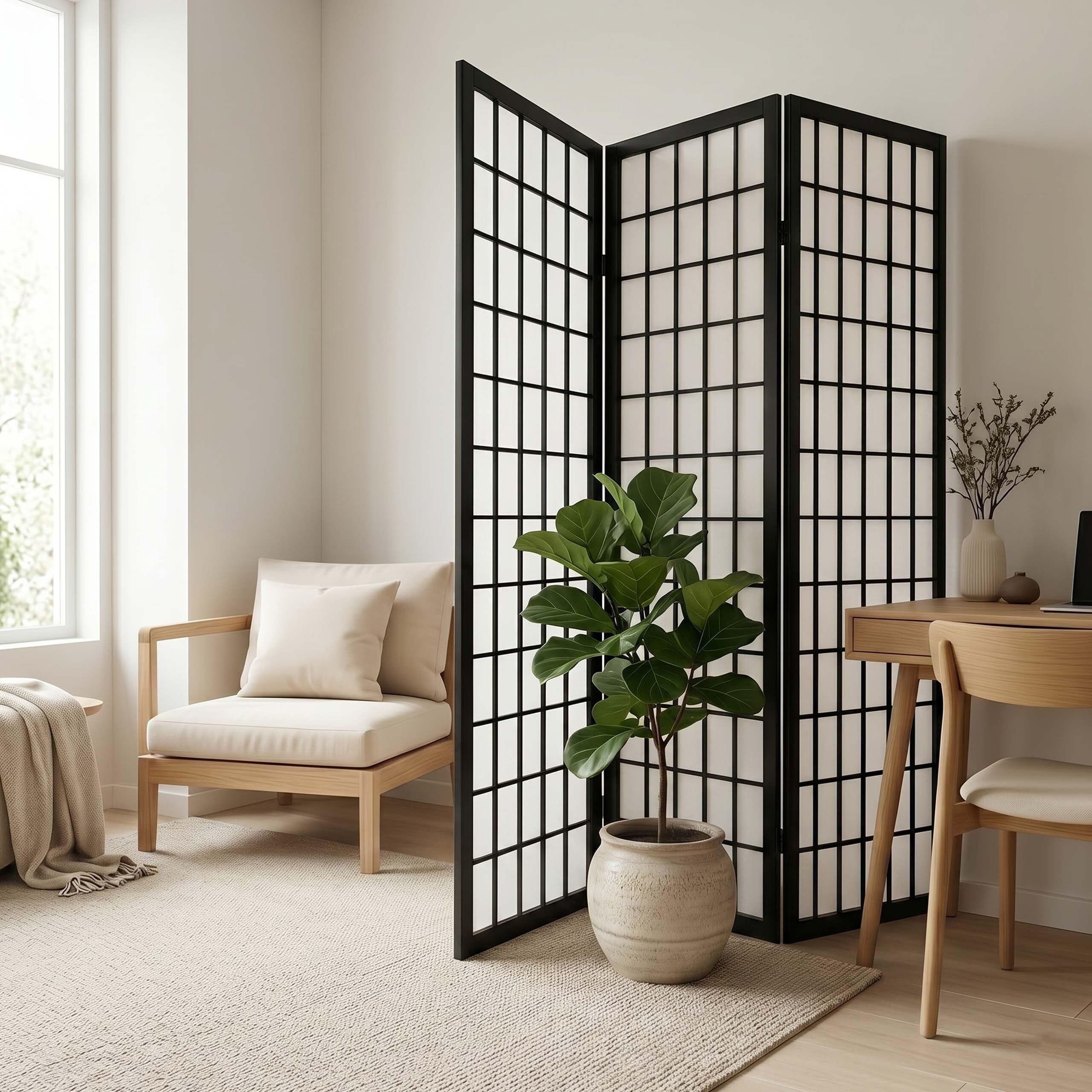 Relaxdays Biombo 3 Paneles Plegable 170x120 cm, Blanco y Negro | Madera y tela, salón, separador interior