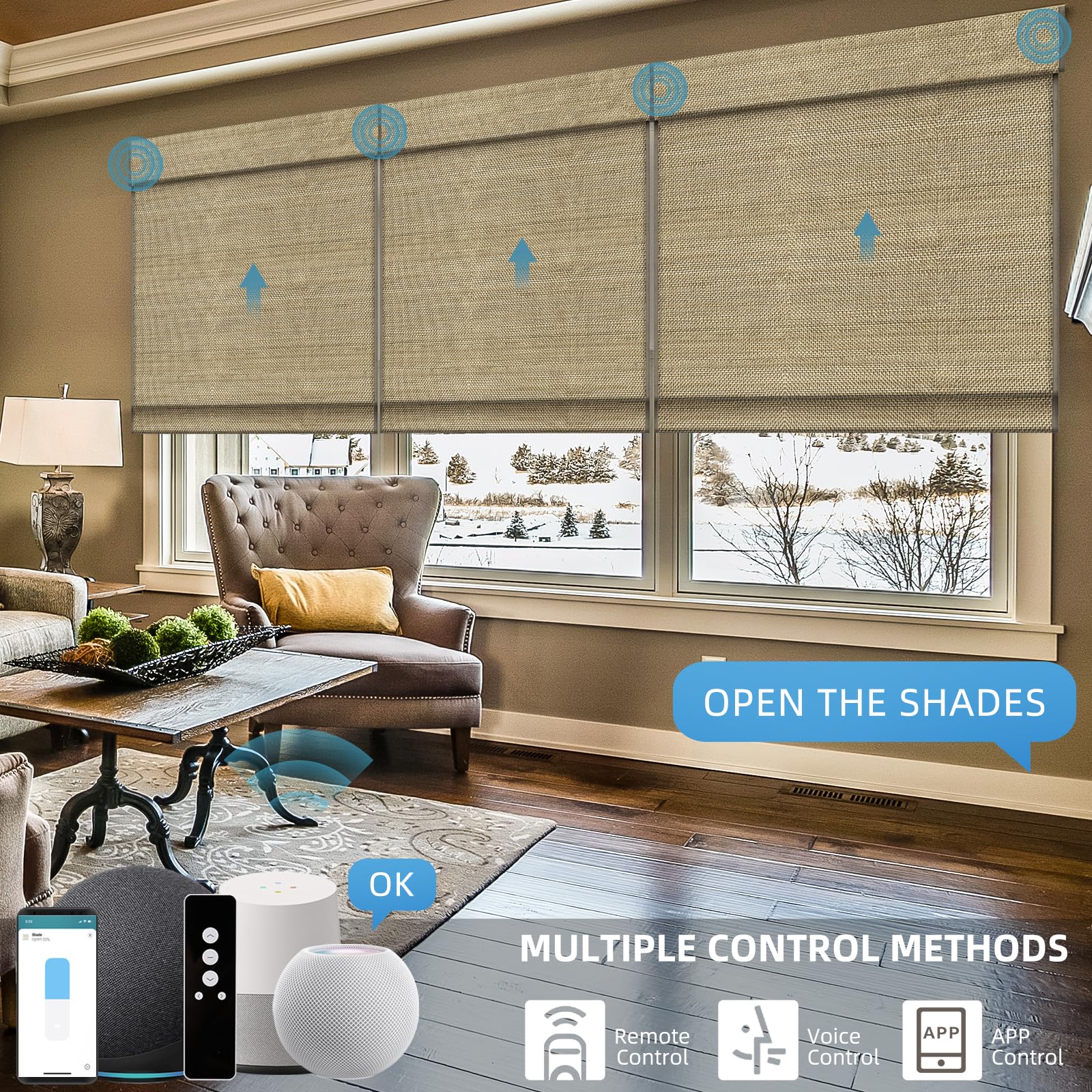 WEFFORT Woven Woods Shades, Motorized Roman Shades, Light Brown, Jute, Smart Automation, HomeKit/Alexa/Google Home Compatible